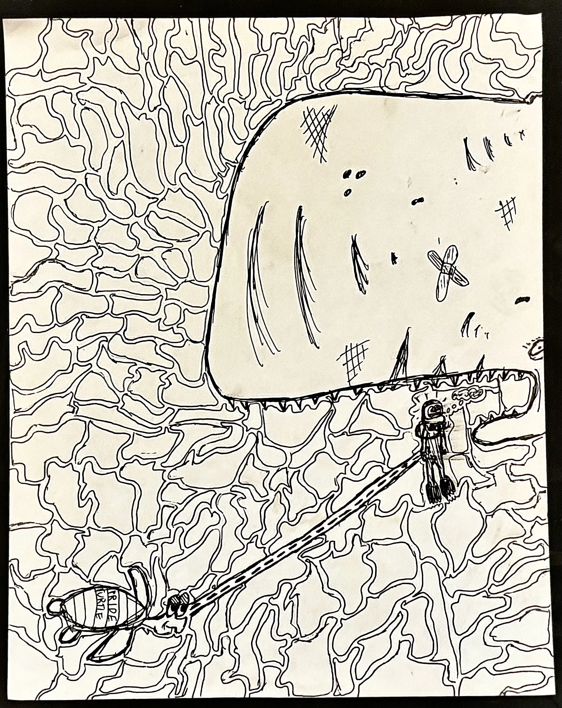 Black and white illustration of a scuba diver meeting a sperm whale in an abstract, maze-like landscape with irregular, wavy lines.