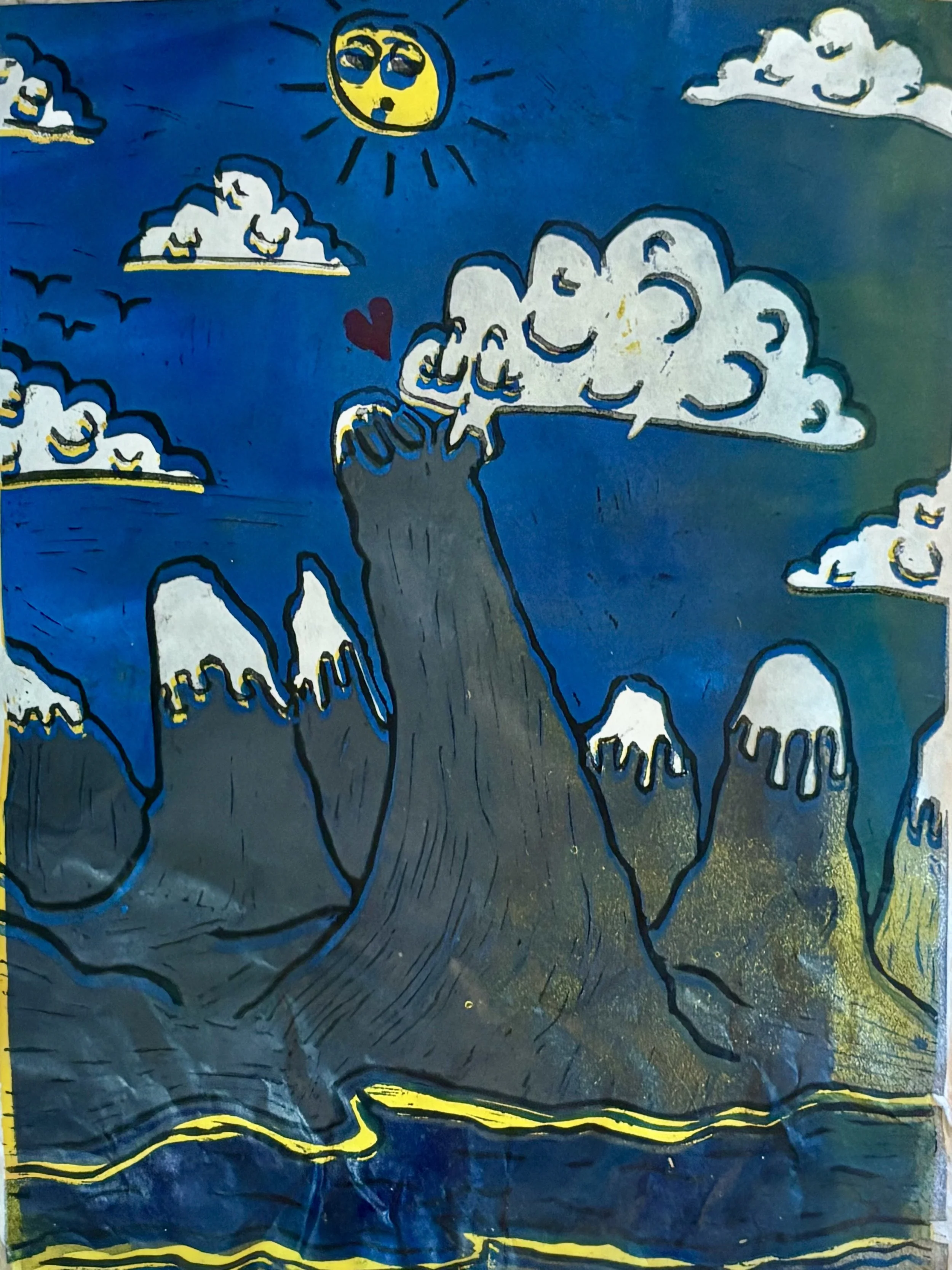 A colorful screenprint of a cloud and mountain kissing with a bright yellow sun with a face shining in the blue sky, surrounded by other fluffy white clouds. Yellow and blue lines depict the mountain landscape below.