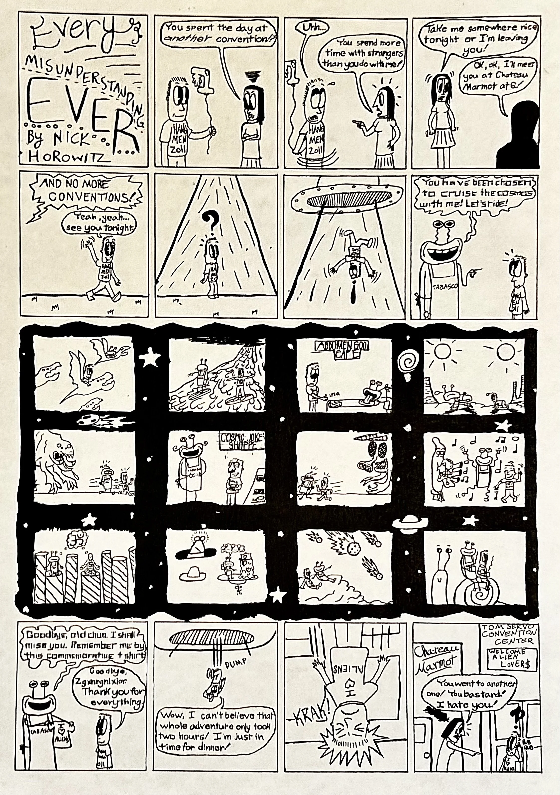 A black and white comic strip featuring characters in humorous and fantastical scenarios, including space travel, robots, and monsters, with dialogue and narration.