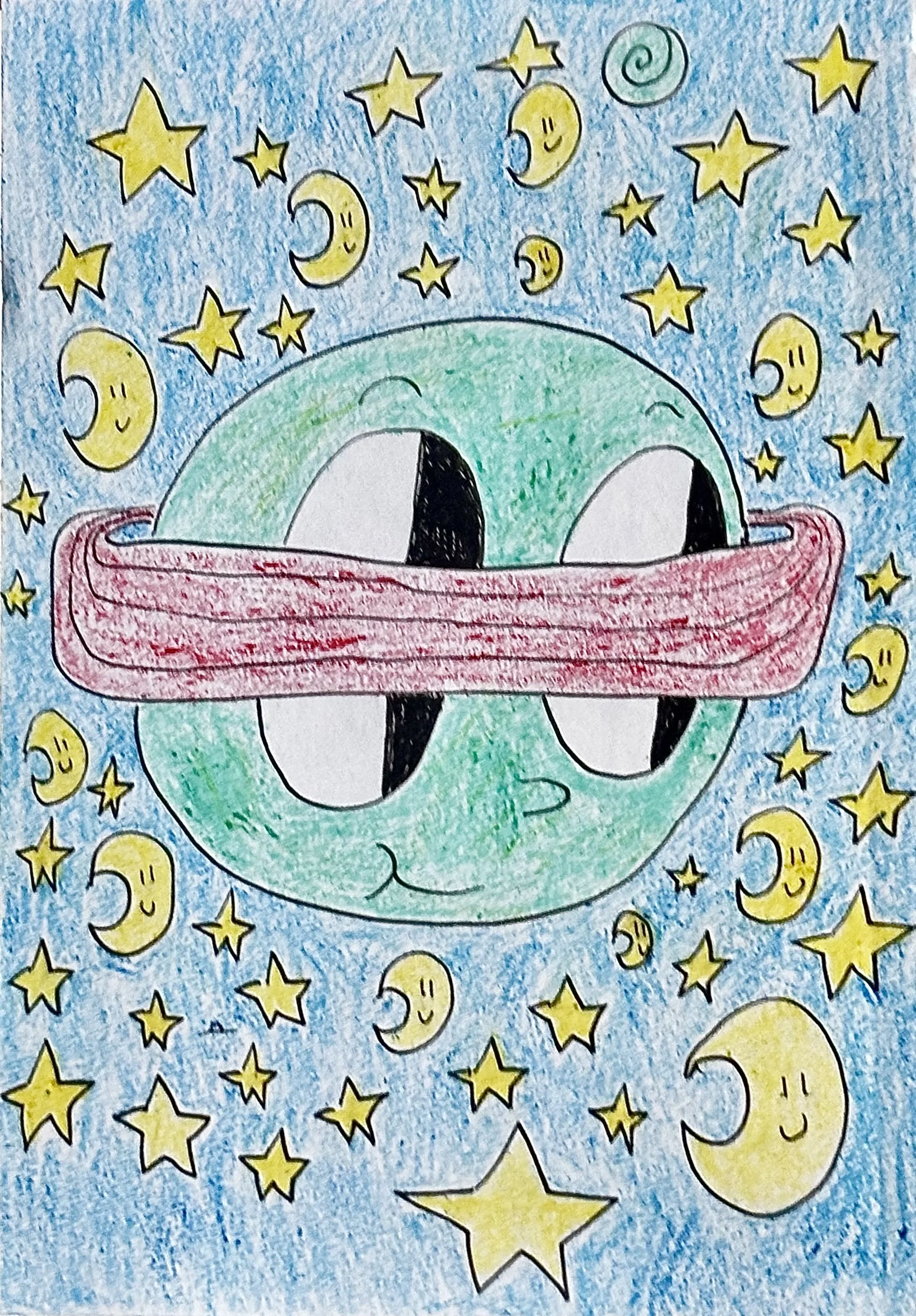 Colorful drawing of a planet with a smiling face, with red rings, surrounded by yellow stars, yellow moons, and a striped green and blue spiral in a space background.