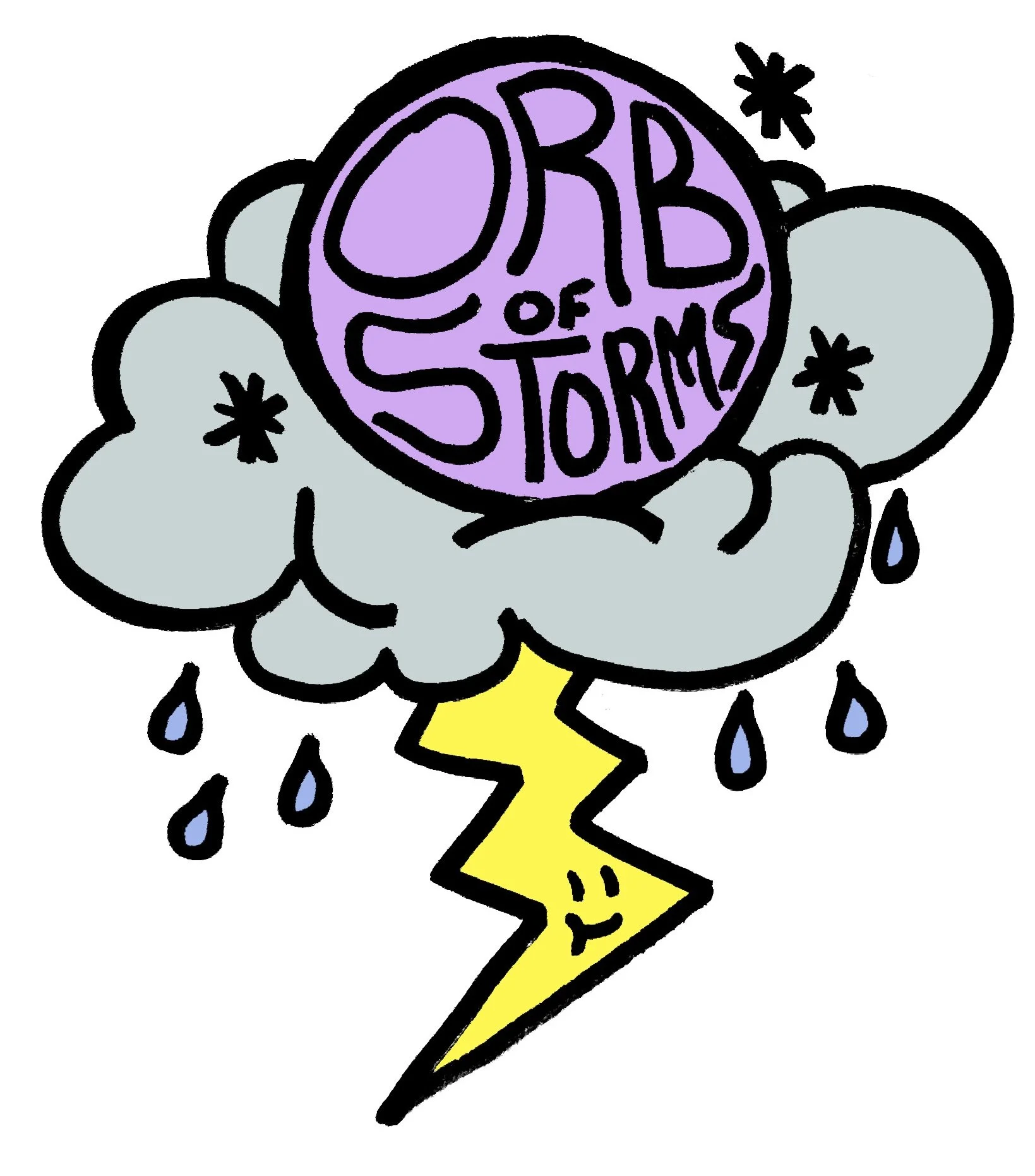 A cartoon drawing of a cloud of smoke with the words 'Orb of Storms' inside it. The cloud has gray tones and water droplets around it, with a sunshine in yellow and a lightning bolt beneath it.