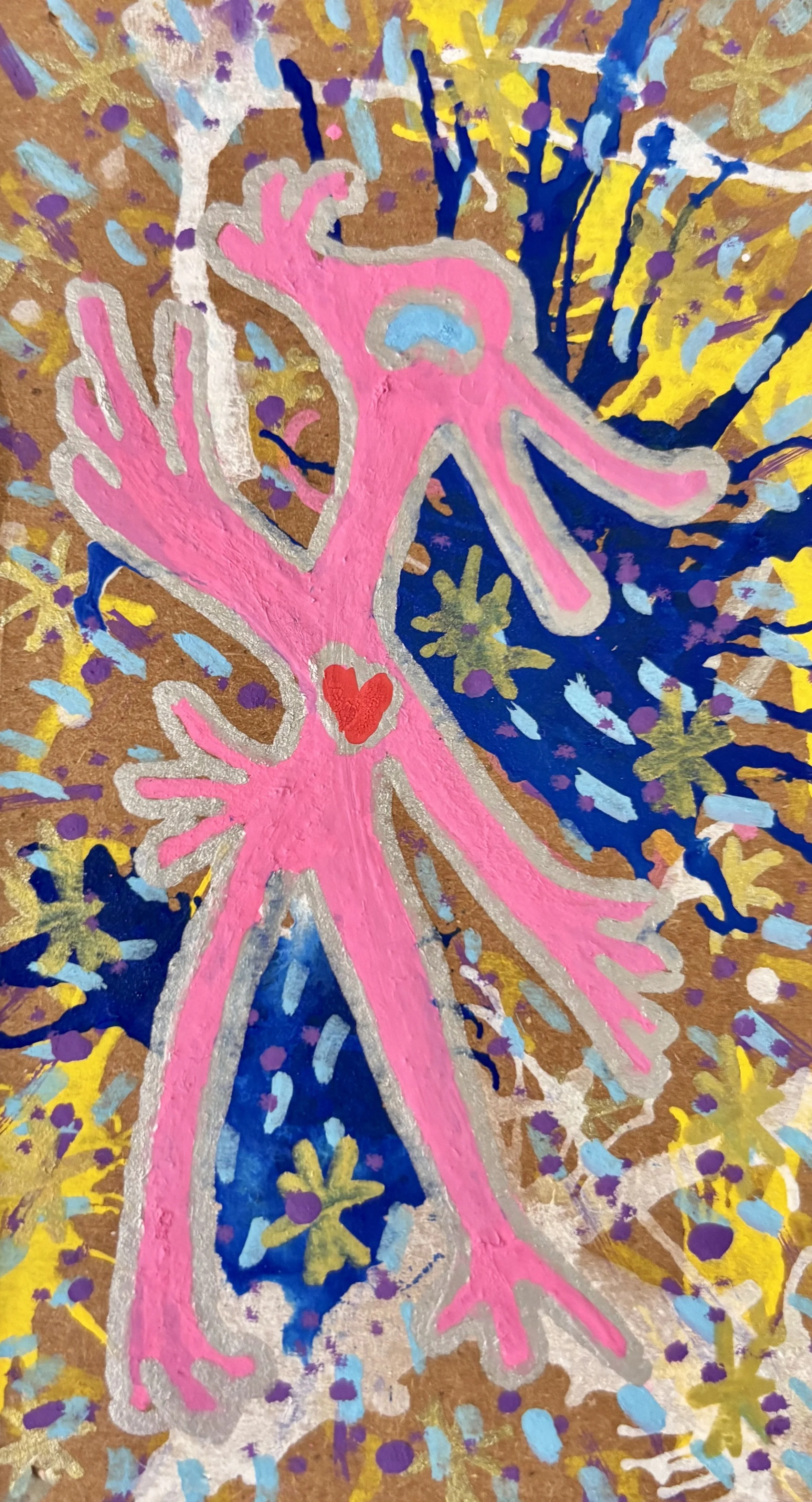 A pink bird-like creature outlined in silver with a happy eye and glowing heart on a splattered paint background.