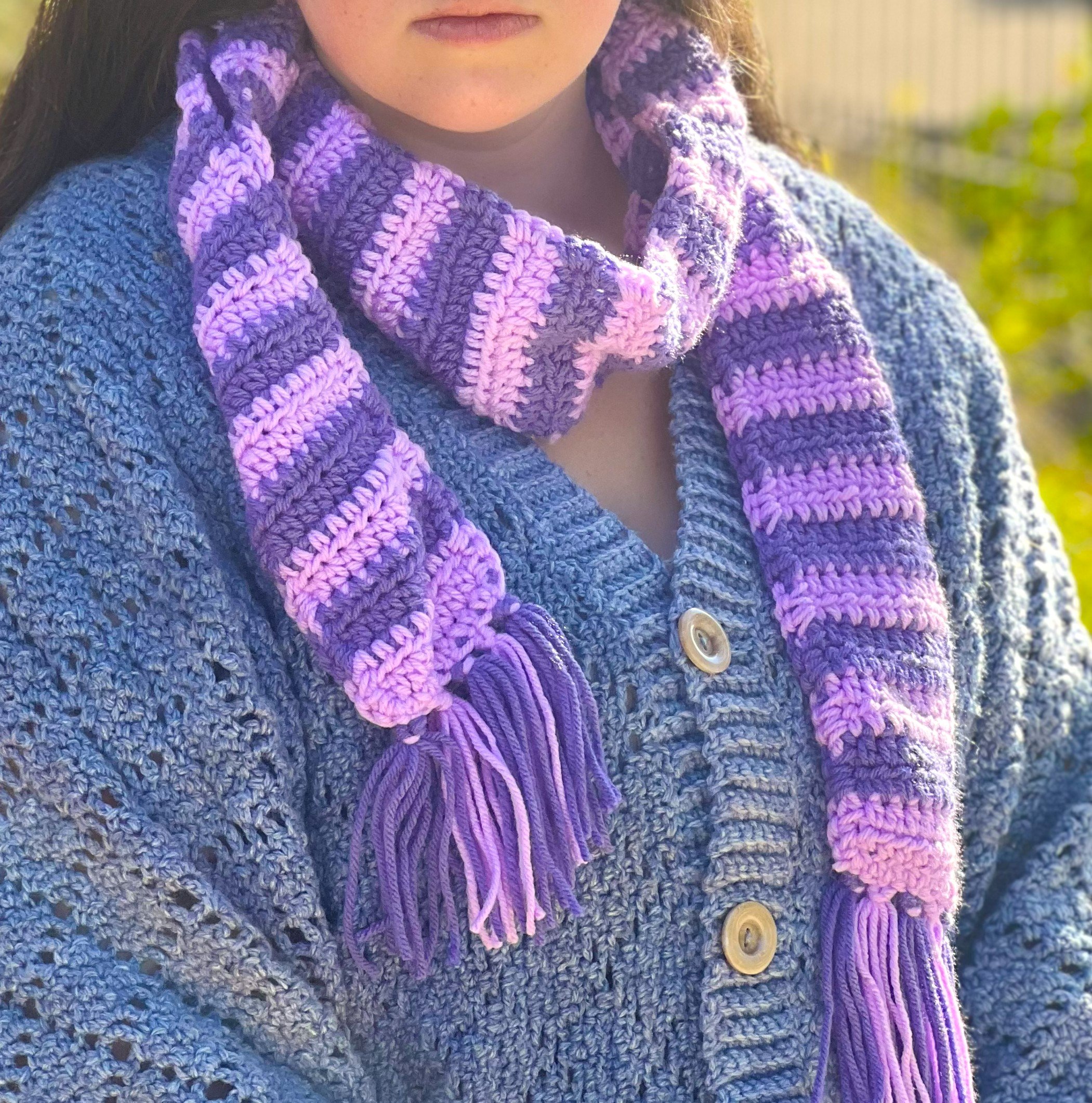 Purple stripe crochet scarf
