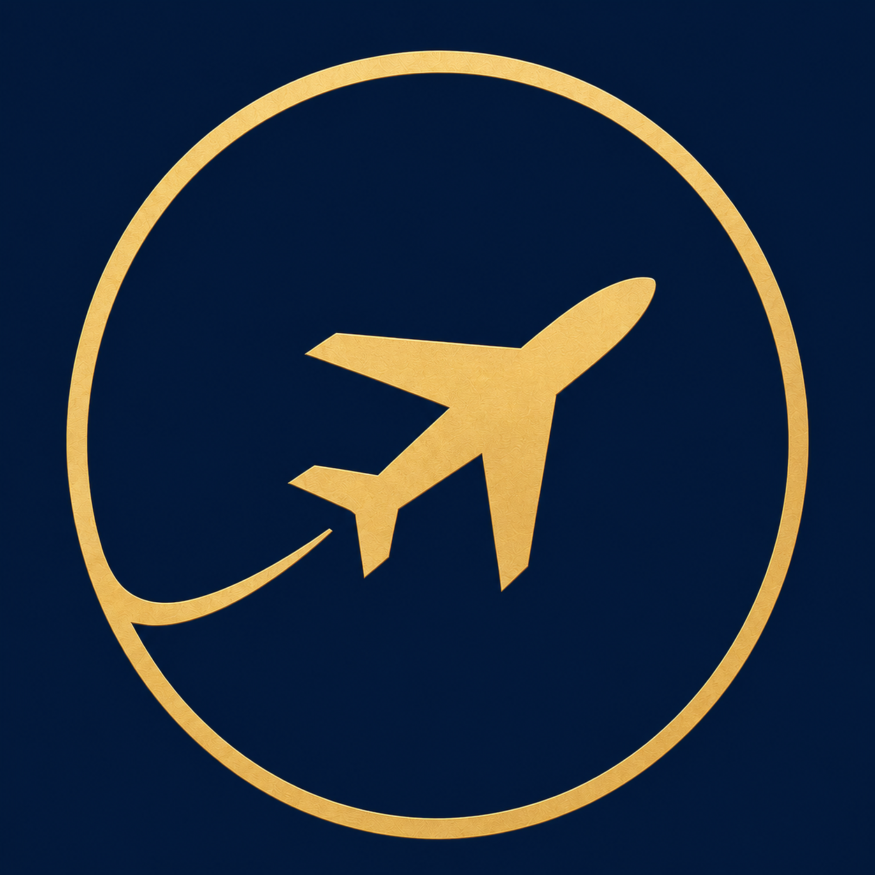 A golden airport sign in the shape of an airplane with a circling arrow around it, set against a dark blue background.