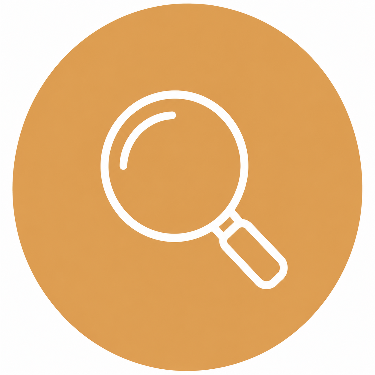 Icon of a magnifying glass on an orange circular background.