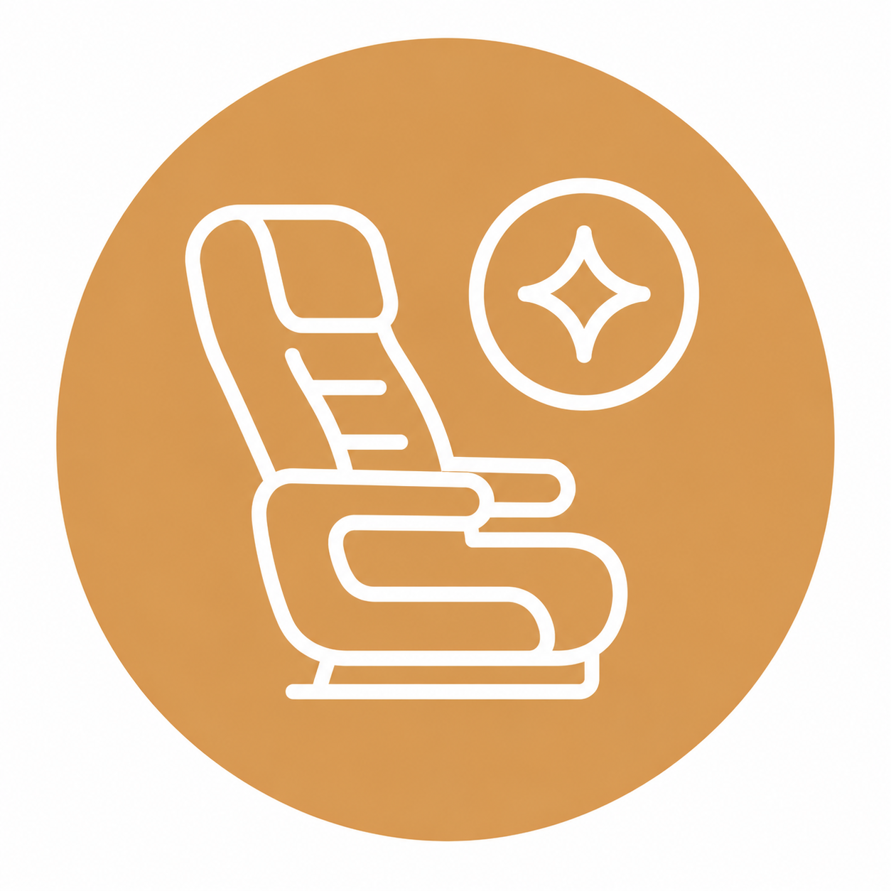 Line drawing of a car seat with a star icon nearby on a brown circular background.