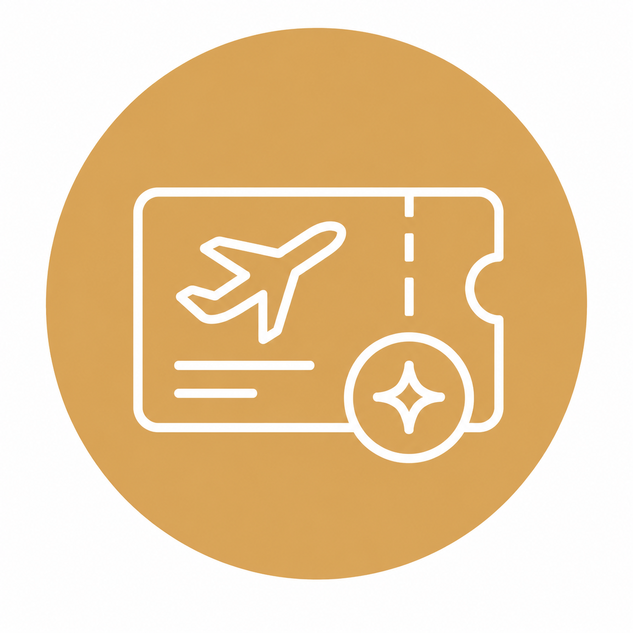An icon of a plane ticket with a plane symbol on it and a sparkle symbol, indicating a flight booking or airline reservation.