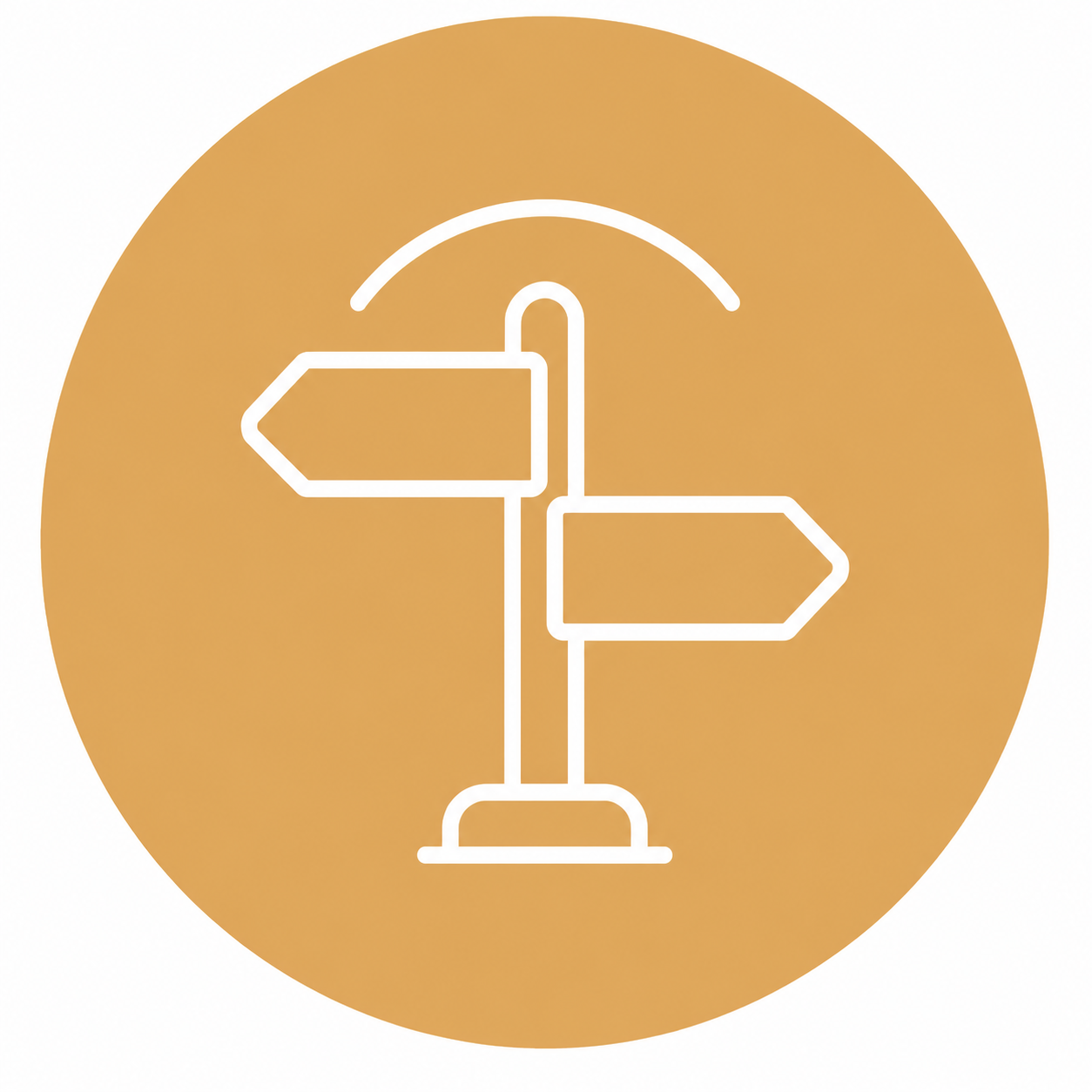 Signpost with two arrows pointing in opposite directions on an orange circular background.