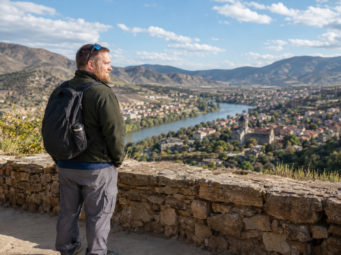 Illustration of a traveller overlooking a river valley and mountain town