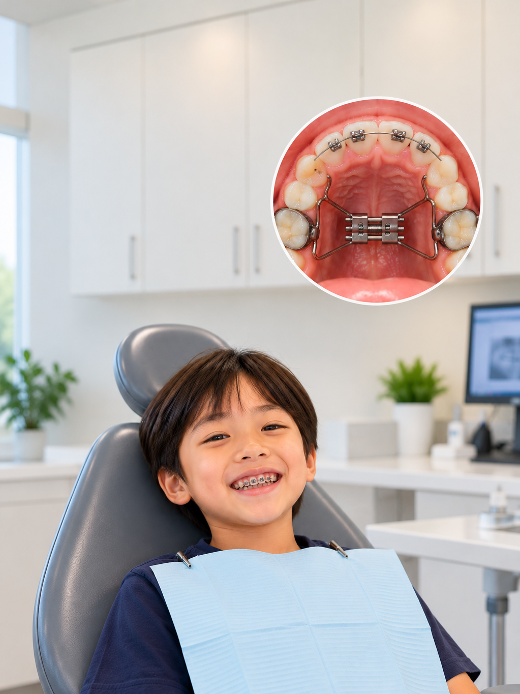 Smiling child with braces reclining in a dental chair, with an inset showing orthodontic braces and a palatal expander.