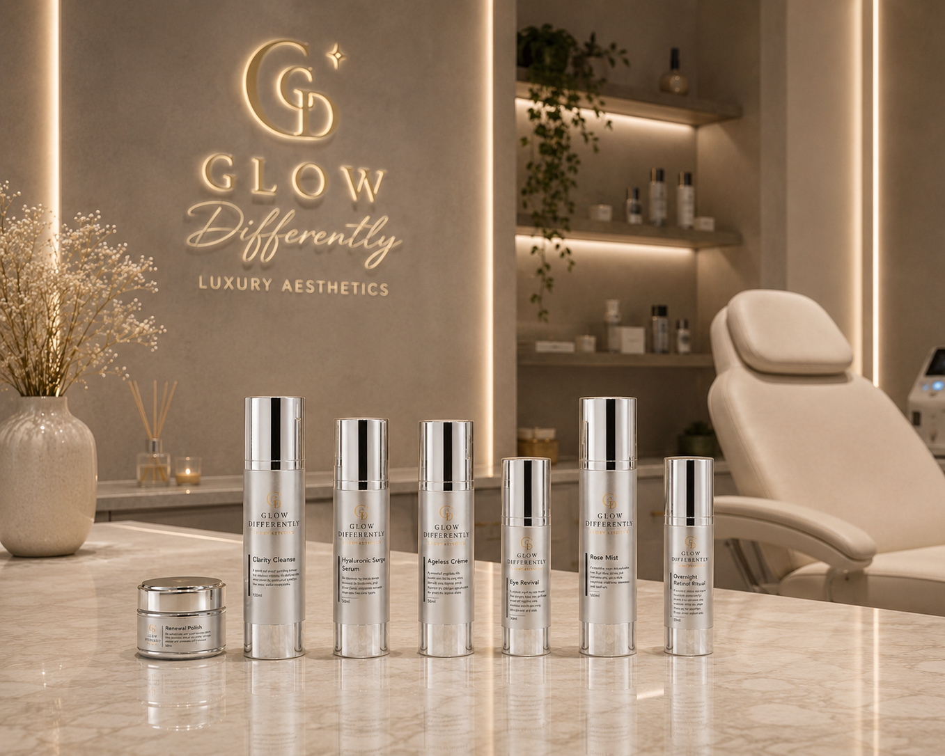 A display of skincare products on a marble table in a luxury aesthetics clinic. The products are labeled from left to right as 'Renewal Polish,' 'Clarity Cleanse,' 'Hyaluronic Surge Serum,' 'Ageless Creme,' 'Eye Revival,' 'Rose Mist,' and 'Overnight Ritual.' In the background, there is a beige reclining chair, a vase with white flowers, and a wall with shelves holding additional skincare bottles. The wall has illuminated signage that reads 'GLOW Differently - Luxury Aesthetics'.
