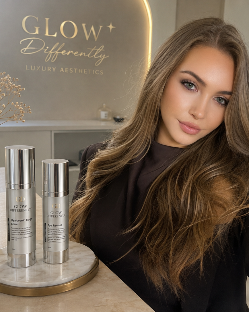 A woman with long wavy brown hair and light makeup taking a selfie in a skincare clinic. Two bottles of Glow Differently skincare products are on a marble table in front of her. The background features a beige wall with the logo and slogan of the clinic.