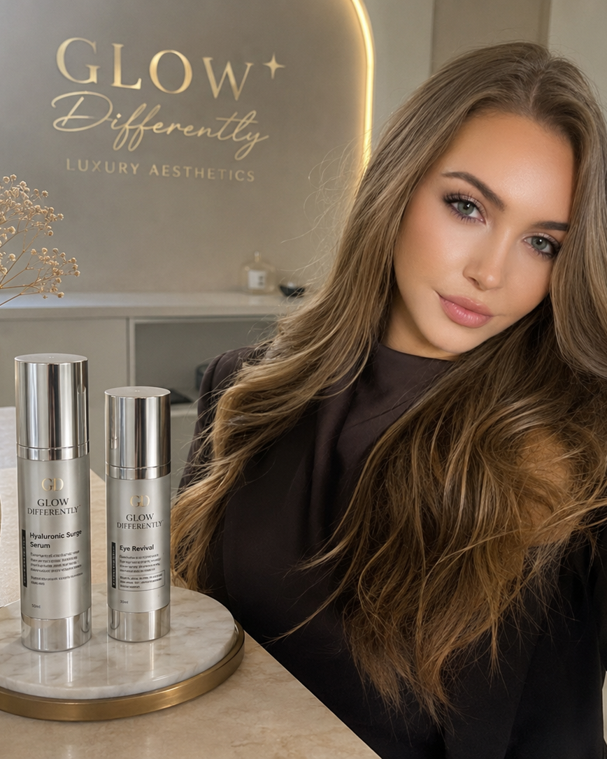 A woman with long, wavy hair sitting at a table with two skincare bottles labeled 'Glow Differently.' The background shows a sign for Glow Differently Luxury Aesthetics.