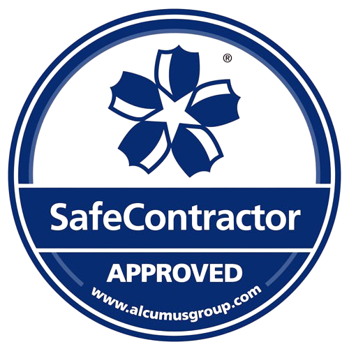 A circular badge with a blue flower design at the top and the text 'Safe Contractor Approved' in the middle, indicating safety certification.