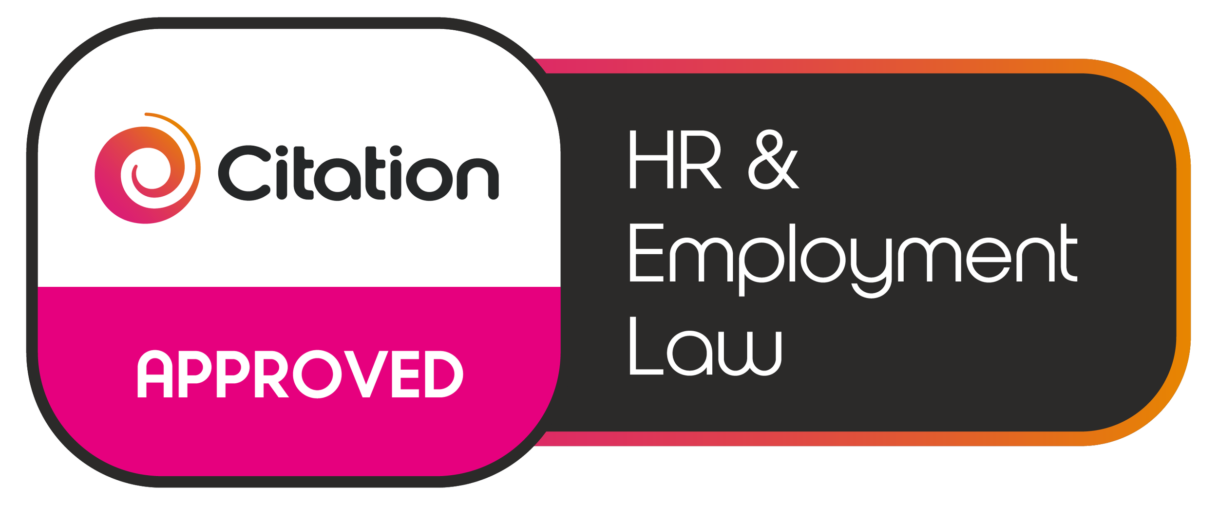 Label with logos and text reading 'Citation HR & Employment Law Approved' in pink, white, black, and orange colors.