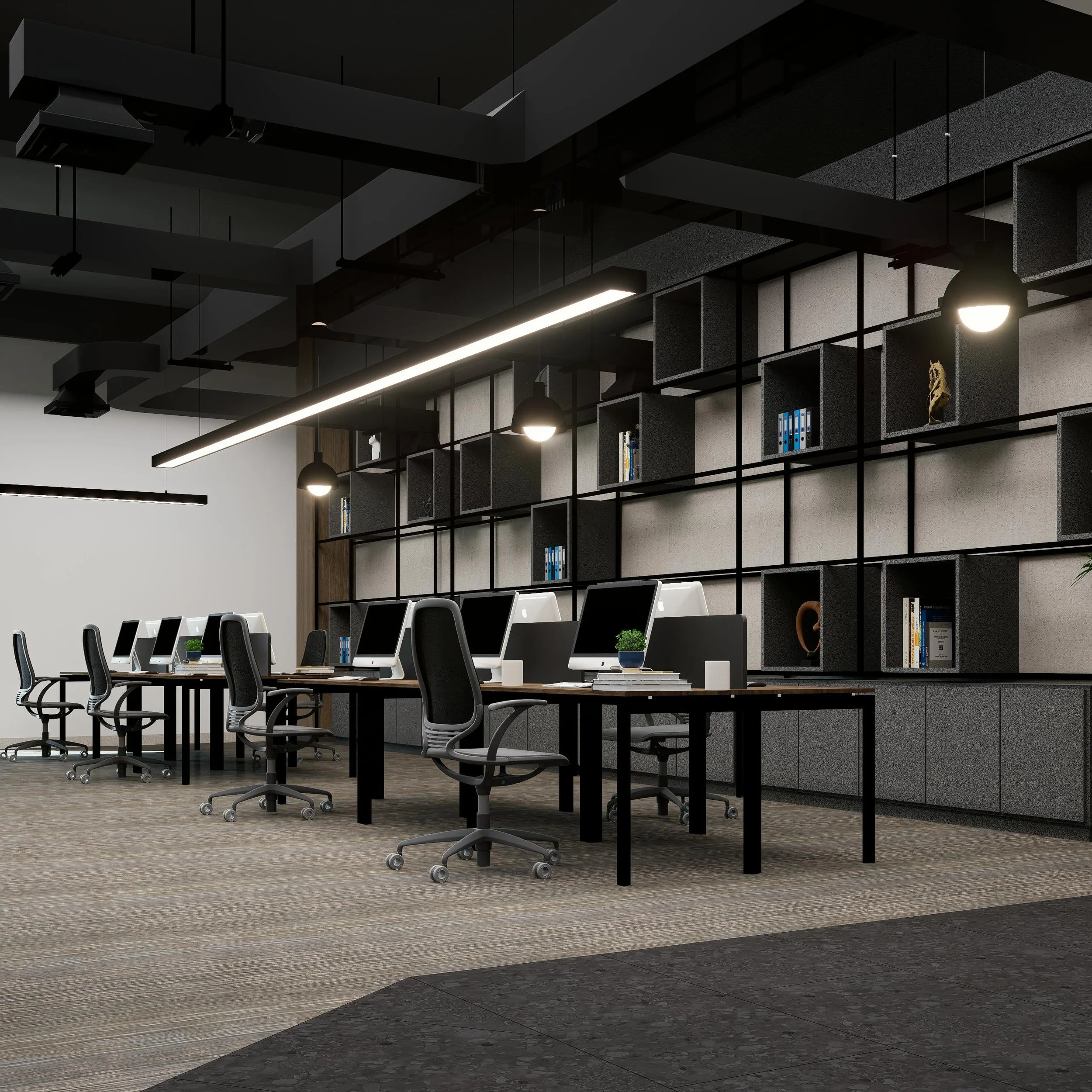 Modern office conference room with a long table, black chairs, floating black shelves with books and decorative items, and ceiling lights.