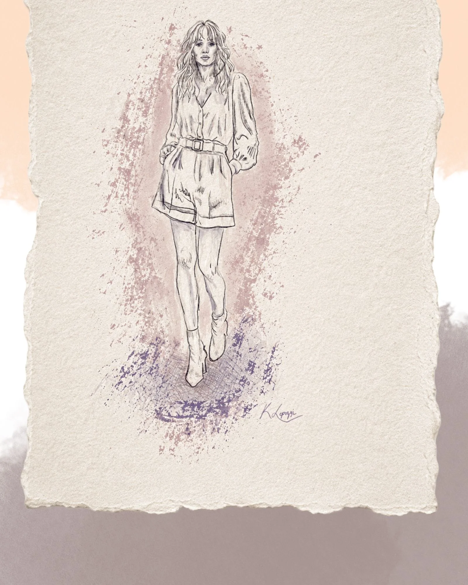 A sketch of a woman with wavy hair standing with her hands in her pockets, wearing a button-up shirt and shorts, drawn with black ink lines on textured paper with pastel pink and purple watercolor splashes.