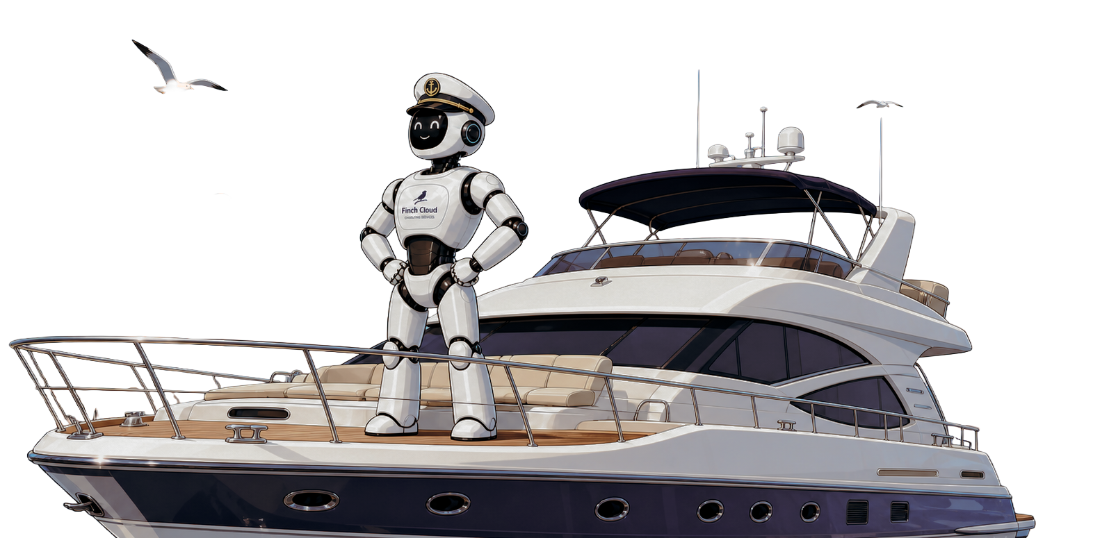 A robot standing on the deck of a luxury yacht, wearing a captain's hat, with seagulls flying overhead.