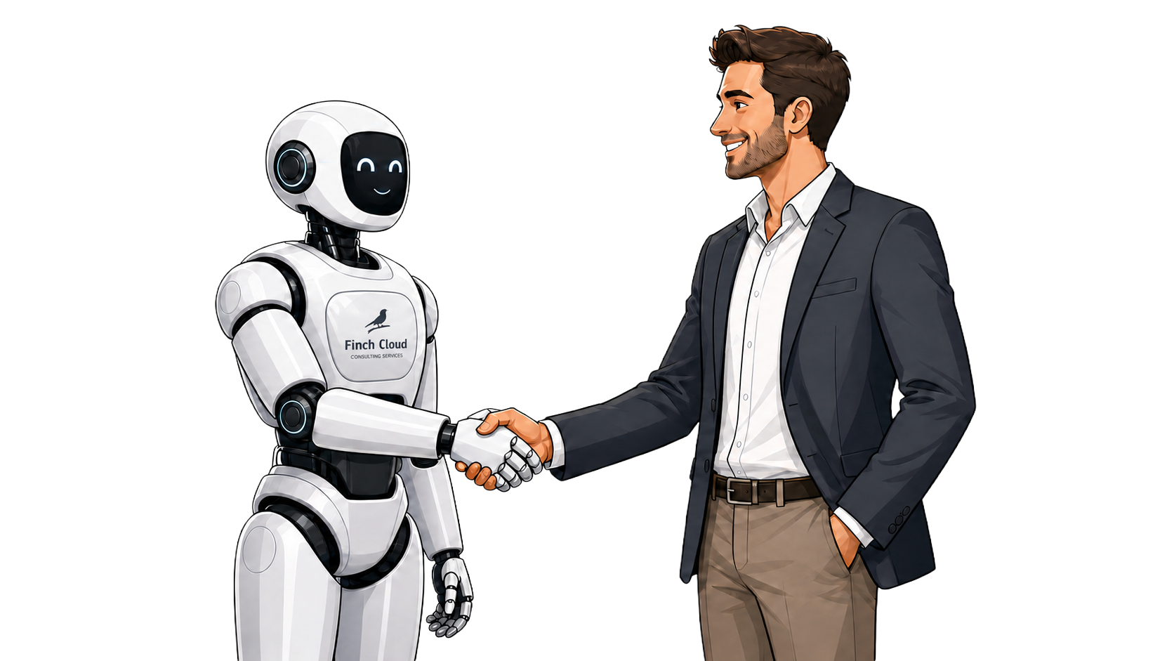 A man in a suit shaking hands with a robot, with the robot wearing a shirt that says 'Finch Cloud Consulting Services'.