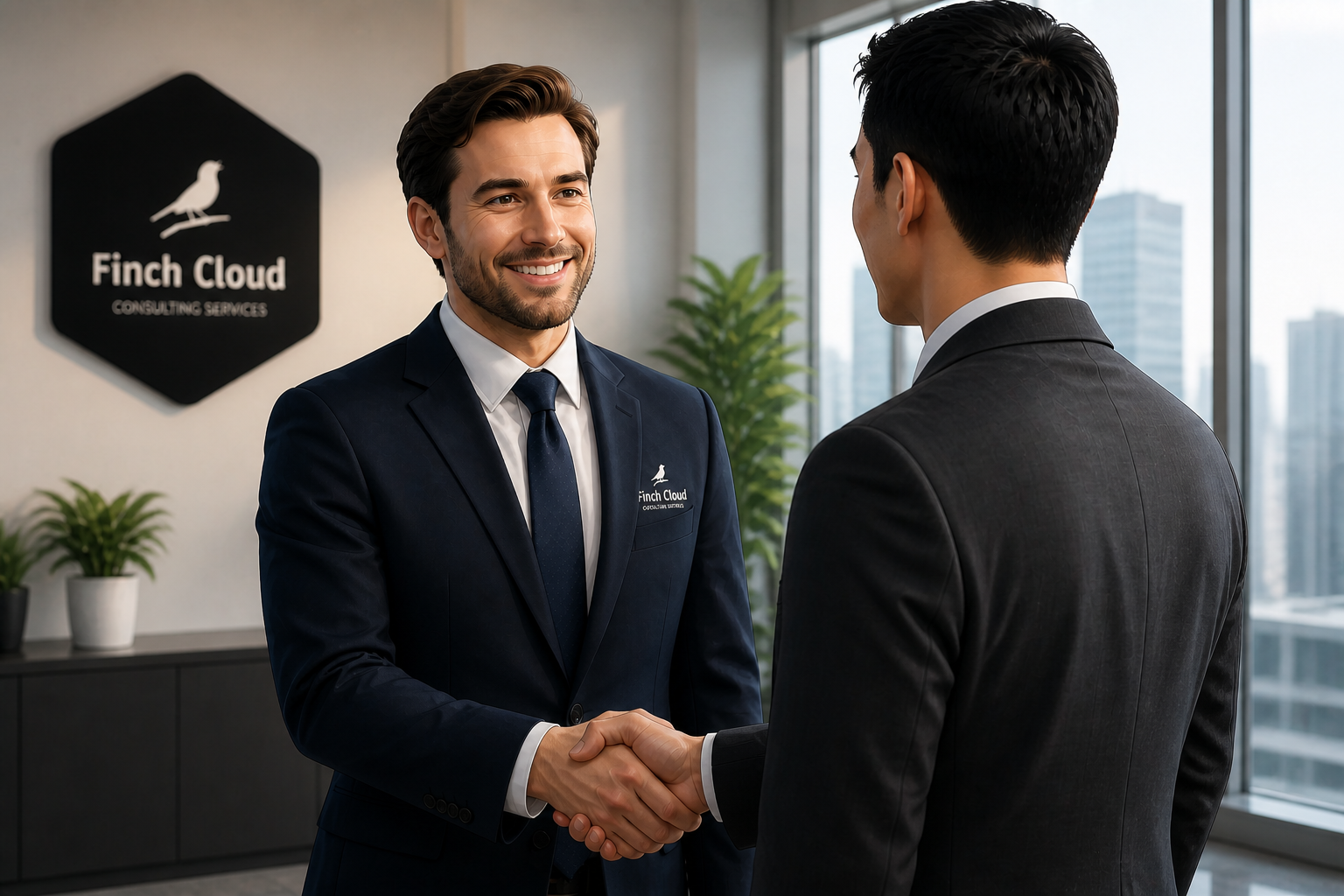 Two businessmen shaking hands in an office with large windows and a city skyline view. One man is smiling, wearing a navy suit with a Finch Cloud logo on the chest. The other man has his back to the camera, wearing a dark gray suit. A Finch Cloud Consulting Services sign and some potted plants are visible in the background.