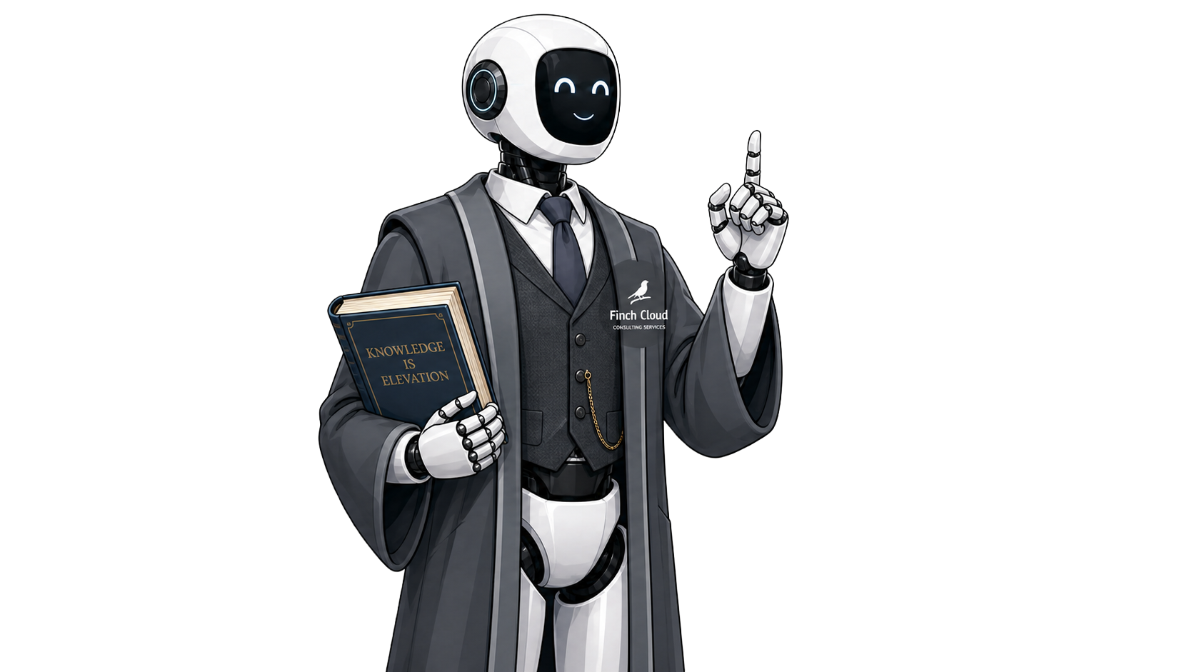 A humanoid robot dressed as a professional in a suit and tie, wearing a long gray coat with the logo 'Finch Cloud' on the chest. The robot is holding a blue book titled 'Knowledge is Elevation' in one hand and raising its index finger with the other hand.
