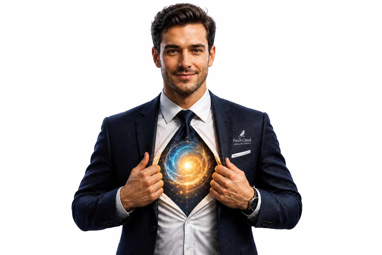 A man in a business suit pulls open his shirt to reveal a glowing cosmic swirl inside his chest, symbolizing inner strength or power, against a plain white background.