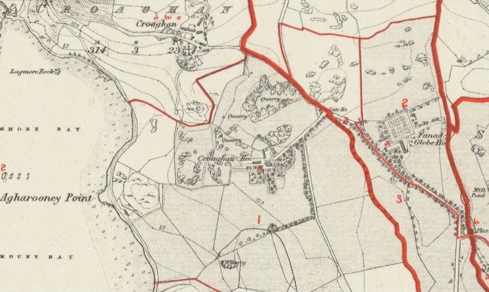 A historic map showing land divisions, roads, and natural features around Agharooney Point on Clew Bay, with detailed details of the surrounding area and some structures.