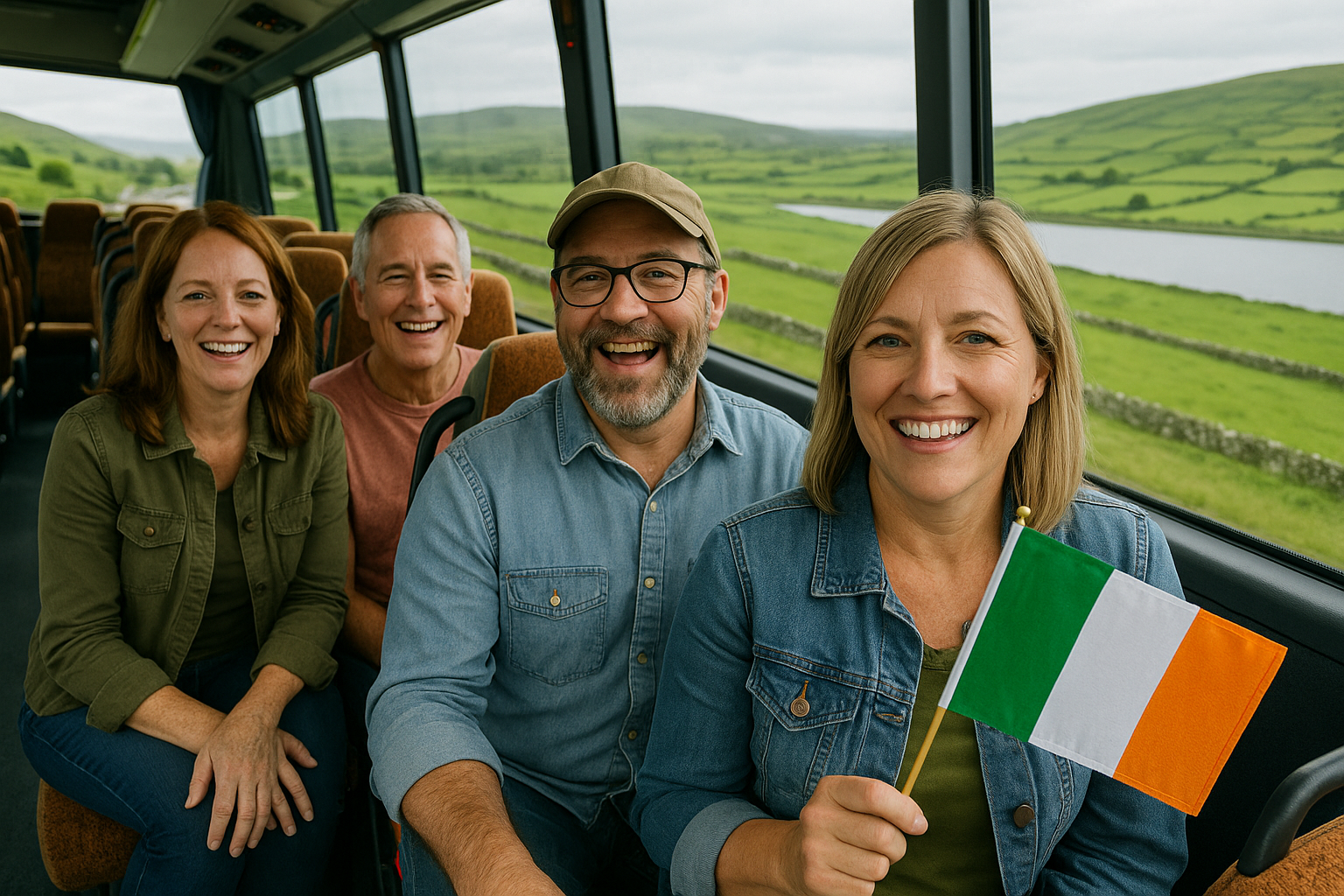 A group of four happy adults sitting on a bus with large windows showing a lush green landscape with hills and a river, one woman is holding an Irish flag.