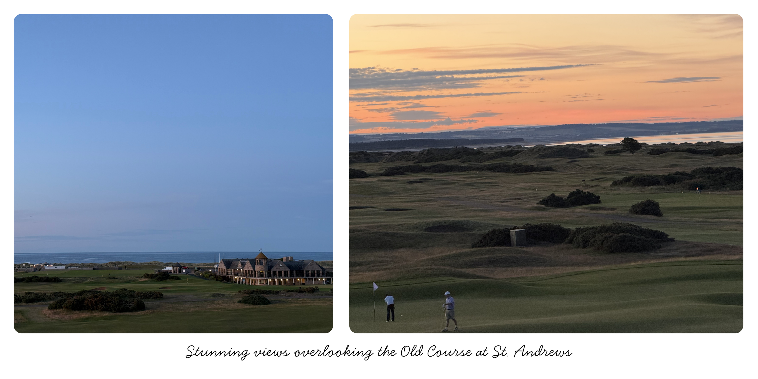 Two scenic views of the Old Course at St. Andrews, one showing a coastal area with a large building and the other showing a golf course at sunset with two golfers.