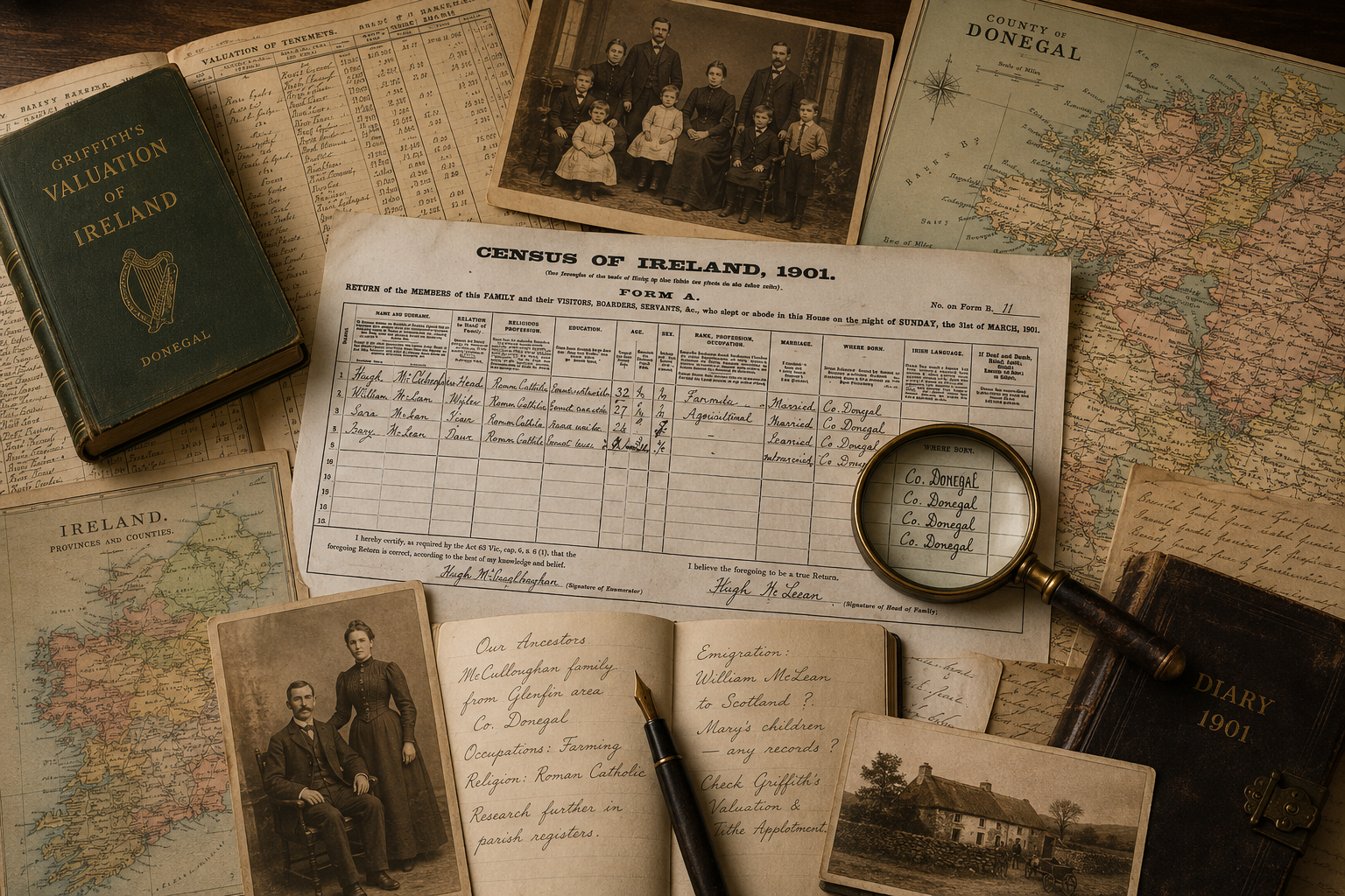 A collection of historical documents and photographs, including a census form from 1901 Ireland, maps of Ireland and County Donegal, old books, a family portrait, a handwritten journal, and a magnifying glass.