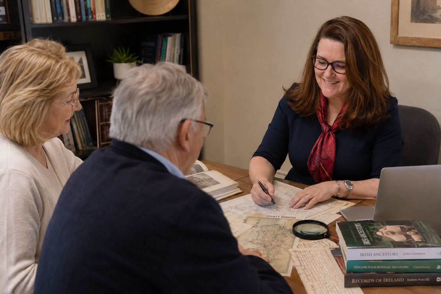 Three people sitting at a table, two older adults and a middle-aged woman, looking at maps and documents. The middle-aged woman is smiling and writing, with a laptop and books on Irish ancestors on the table.
