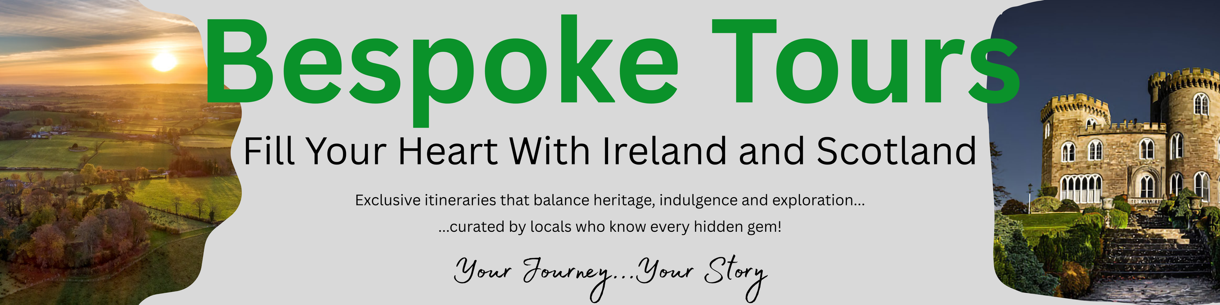A promotional banner for bespoke tours of Ireland and Scotland, featuring scenic images of rural landscapes and a castle.