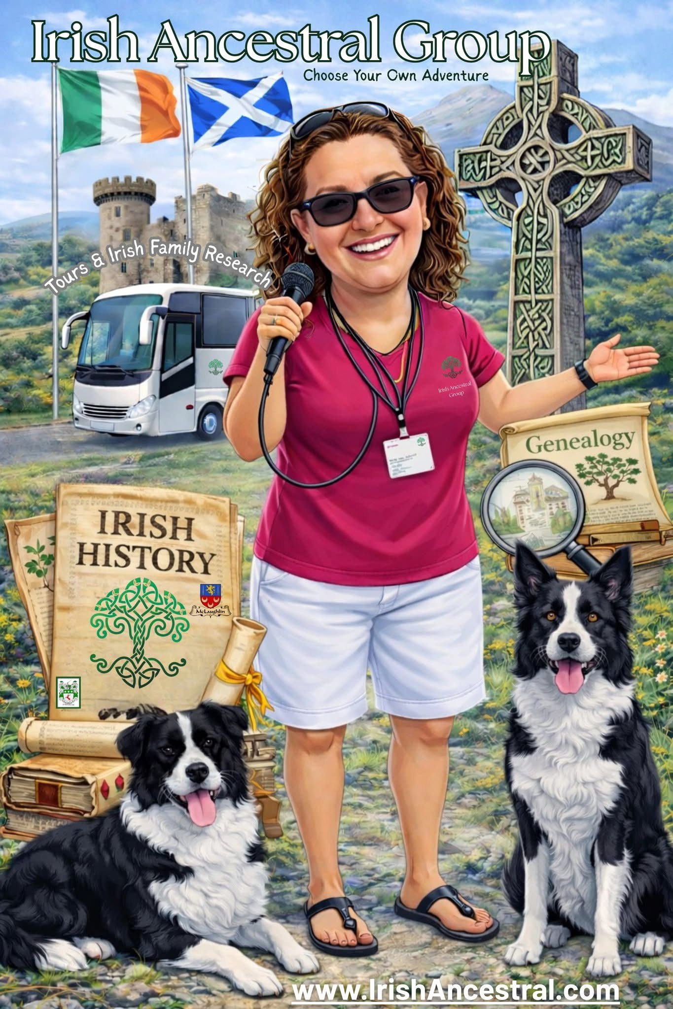 A woman with curly hair, wearing sunglasses, a pink shirt, and white shorts, standing outdoors in front of a castle, Irish flags, and a Celtic cross, with two Shetland Sheepdogs and various informational signs. She is holding a microphone and smiling.