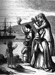 A black and white drawing of five women and two children standing by the water, with ships in the background.