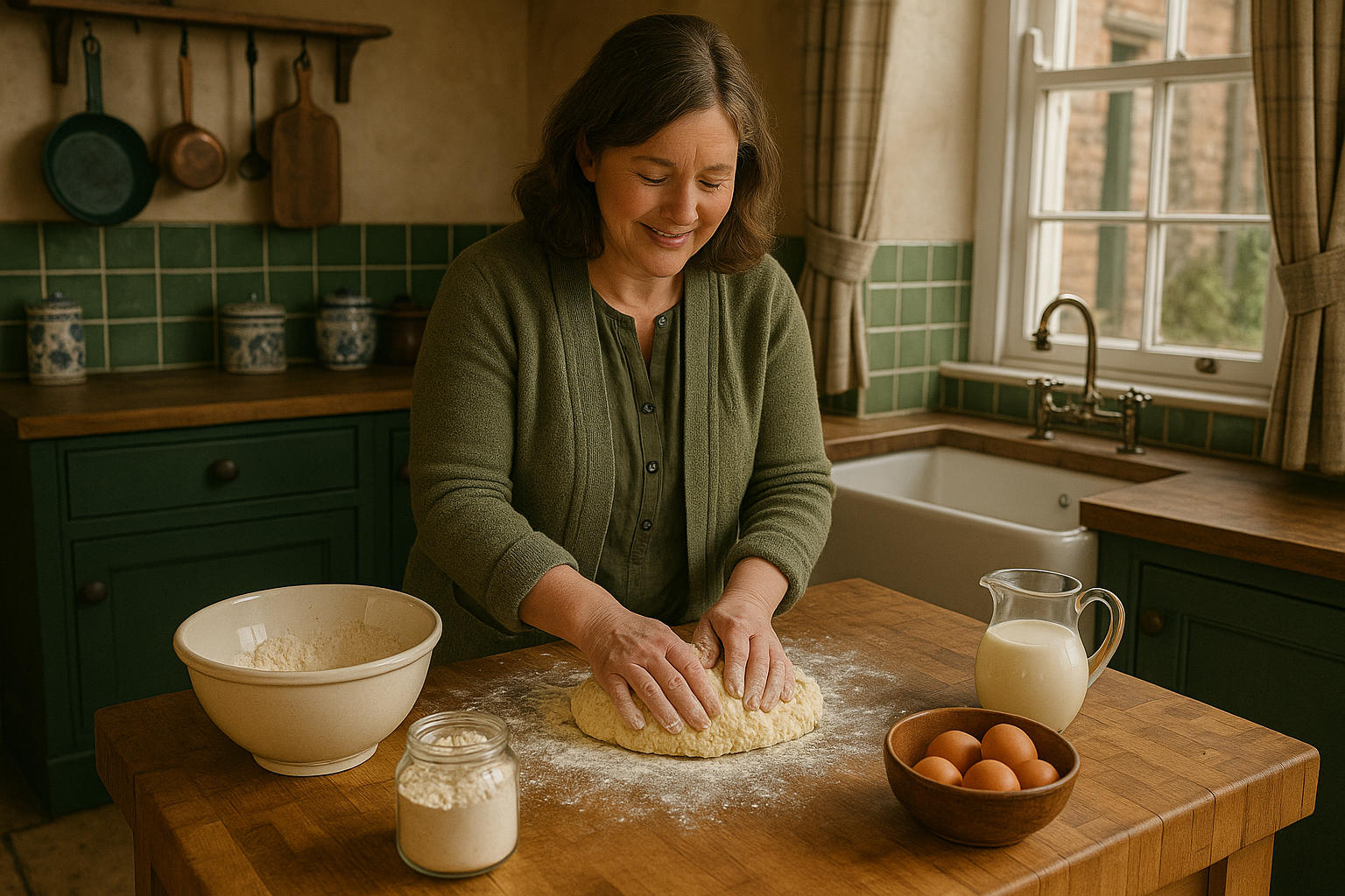 A woman kneading dough on a kitchen counter surrounded by baking ingredients, with a bowl of flour, eggs, milk, and a jar of flour nearby, in a rustic kitchen with green cabinets and a window.