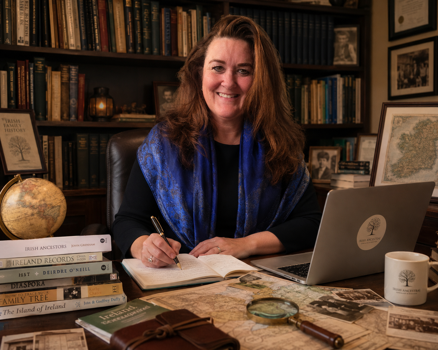 A woman with long, wavy red hair sitting at a desk in front of a bookshelf, smiling. She is writing in an open book and has a pen in her hand. The desk has books, maps, a magnifying glass, a laptop with a logo that reads 'Irish Ancestral,' a mug with the same logo, and framed photographs. The bookshelf behind her is filled with books and framed pictures.