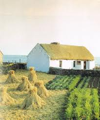 A rural farm scene with a white farmhouse, several haystacks, and crop fields, under a cloudy sky.