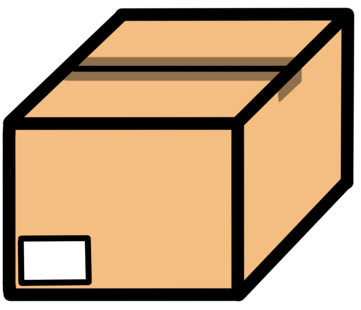 A simple illustration of a closed cardboard box with a black rectangle on one side.