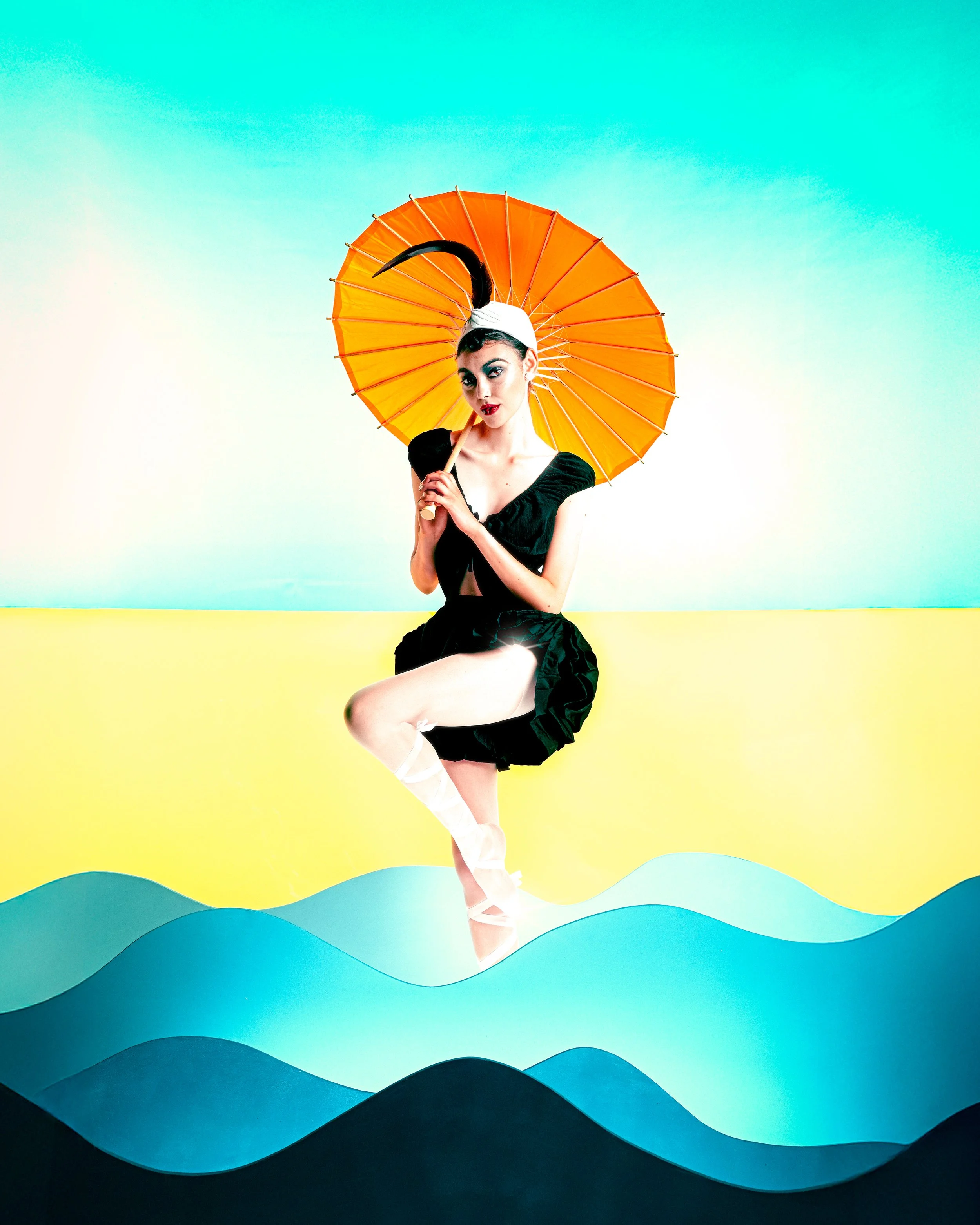 A woman dressed in black with stockings, holding an orange parasol with a curved black handle, posed in front of a colorful, abstract background with wave-like shapes in shades of blue and yellow.