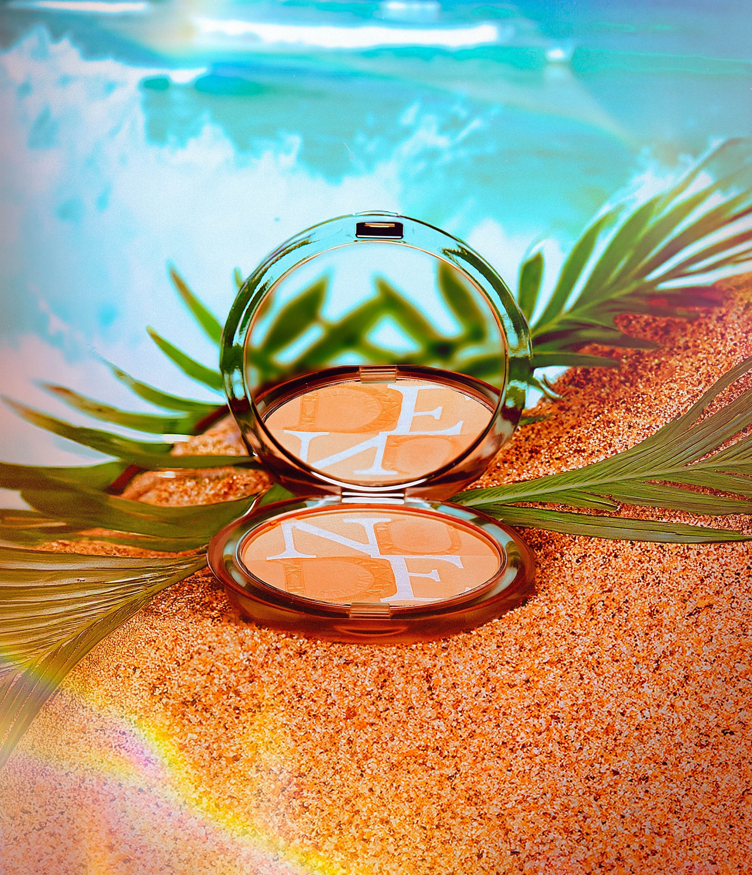 Close-up of a dollar bill reflected in a small mirror on a sandy beach with green palm leaves and a blue sky with clouds in the background.