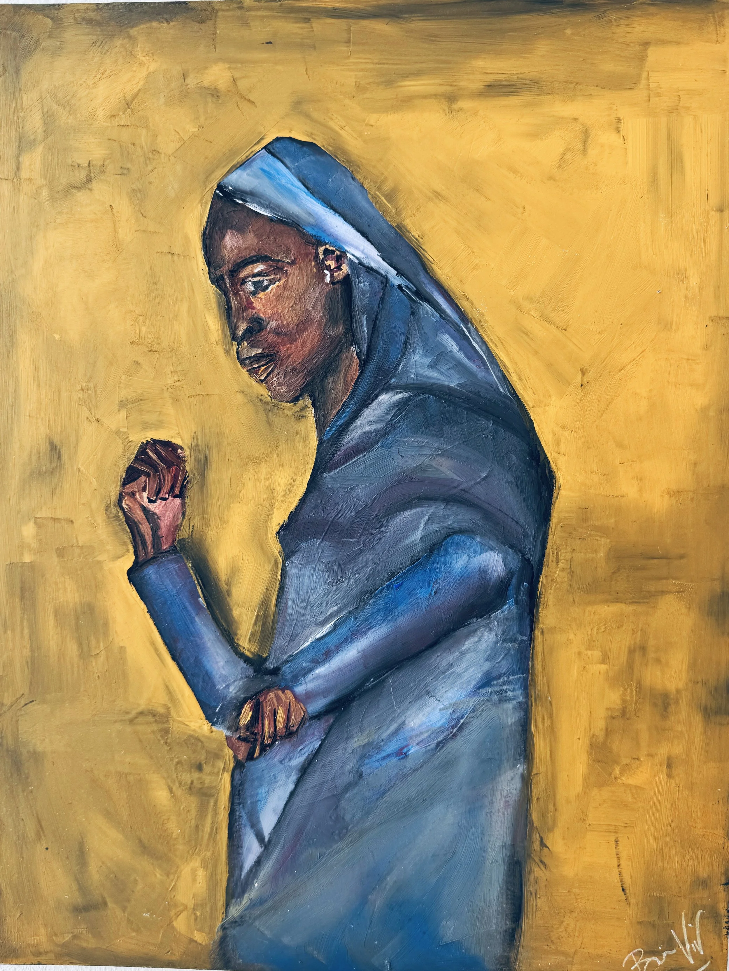 A painting of a person with dark skin, bald head, and wearing sunglasses, against a yellow background. The person is looking over their shoulder, with one hand near their collar.
