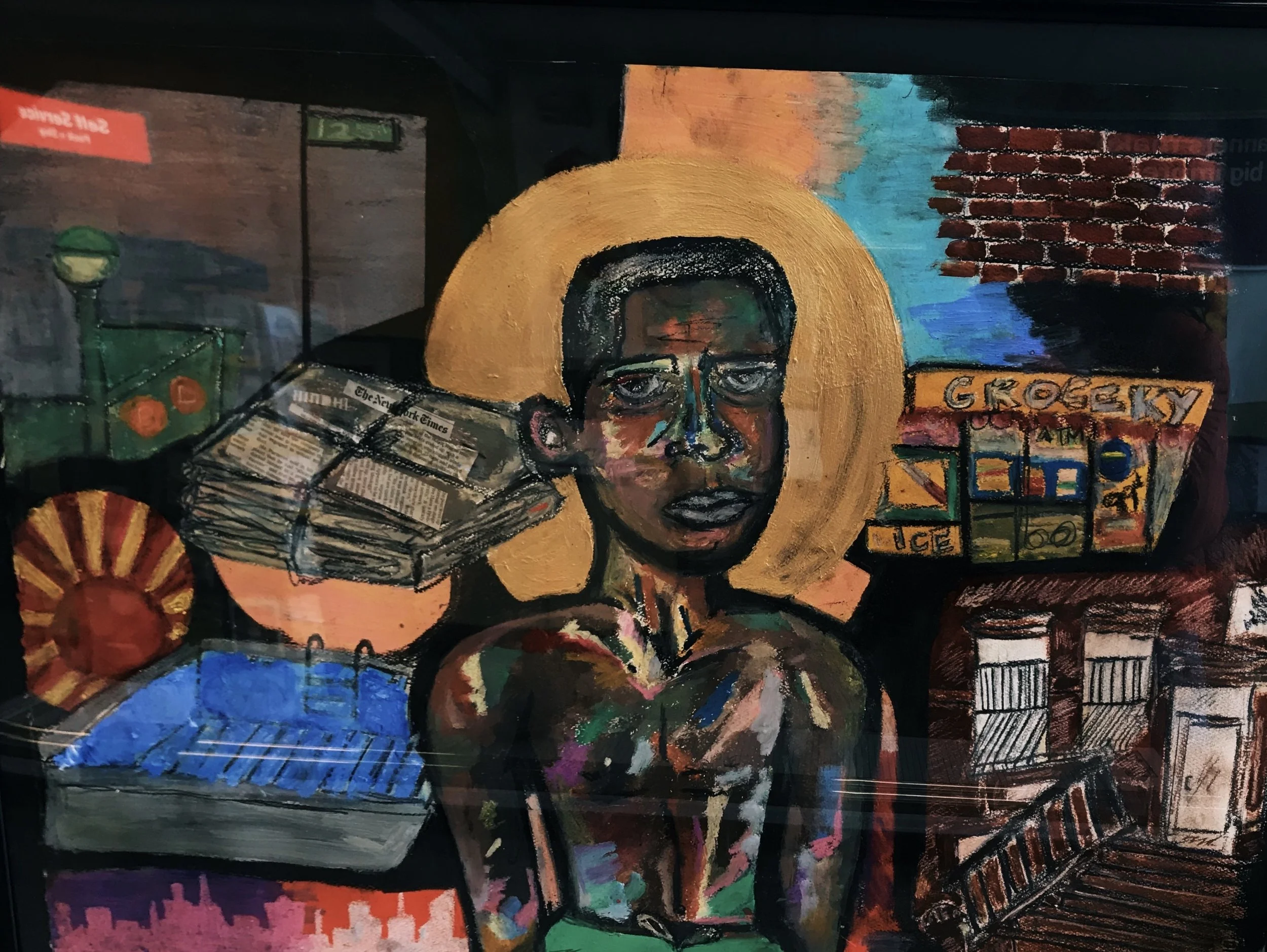 A colorful abstract painting featuring a woman's face with glasses, surrounded by various vibrant shapes, patterns, and signs including a grocery store sign and a newspaper. The artwork has an expressive, mixed-media style with bold brushstrokes and vivid colors.