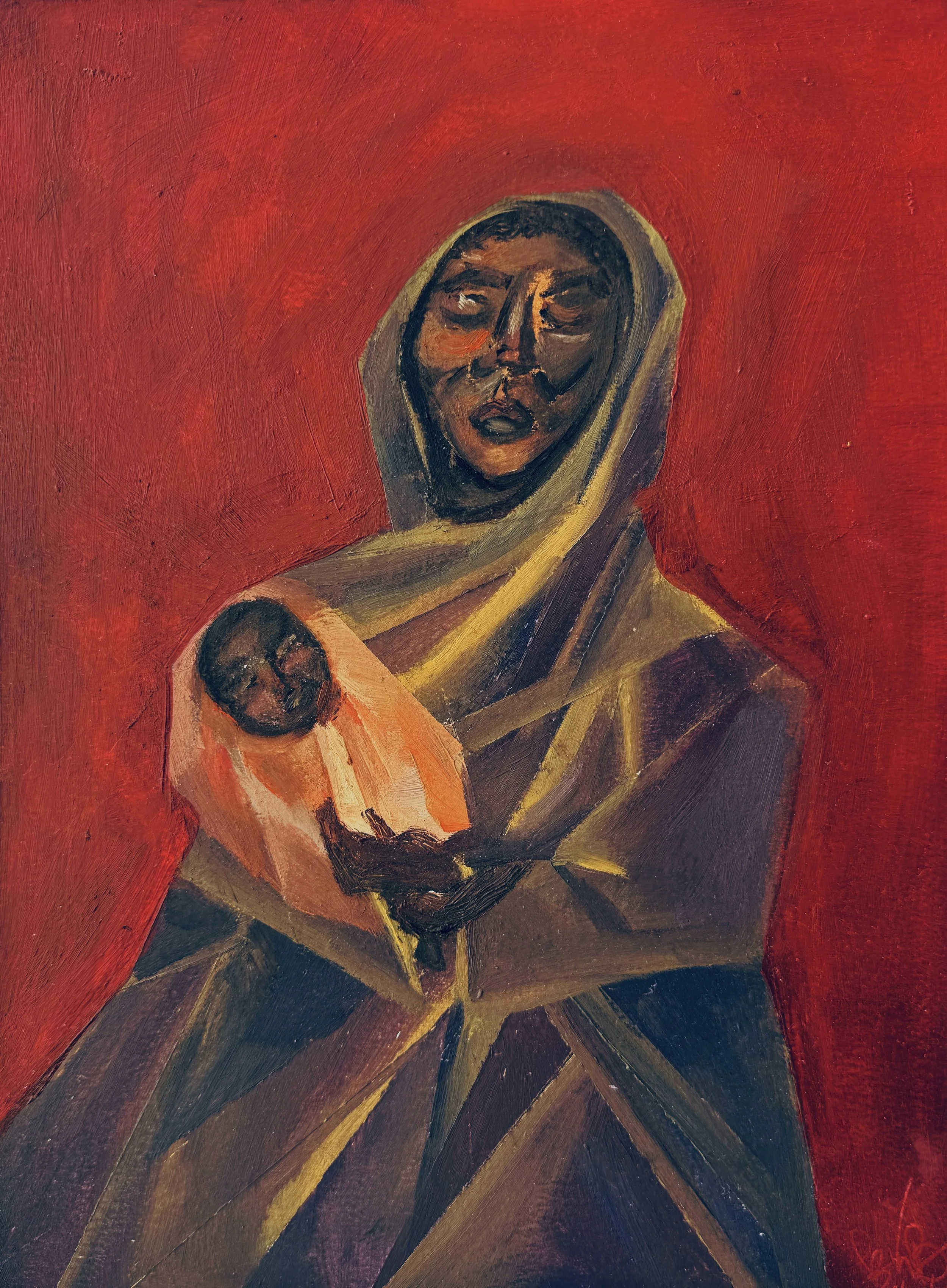 A painting of a woman with dark skin wearing a head covering and a colorful garment, holding a sleeping baby with similar dark skin and short hair, set against a red background.