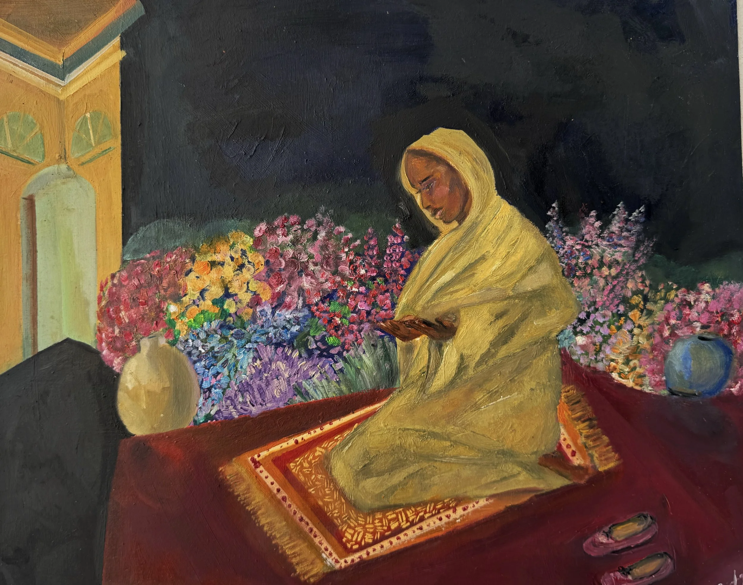 Painting of a woman in a yellow shawl looking at a colorful flower basket, with a yellow building on the left and a dark background.