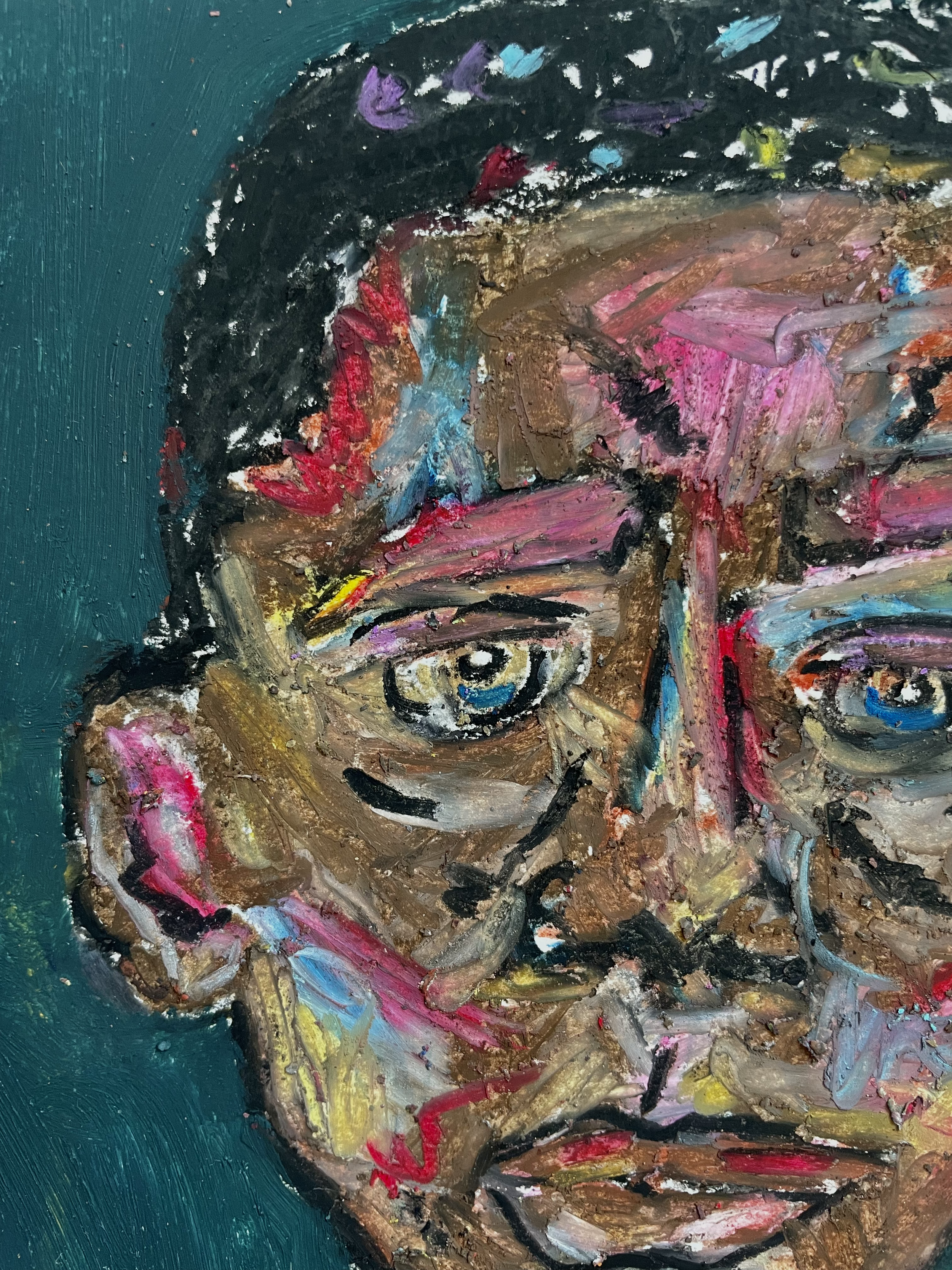 Close-up painting of a woman's face with dark hair, expressive eyes, and vibrant brushstrokes with various colors on canvas.