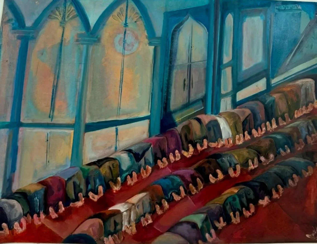 A painting of a church interior with colorful pews and a stained glass window.