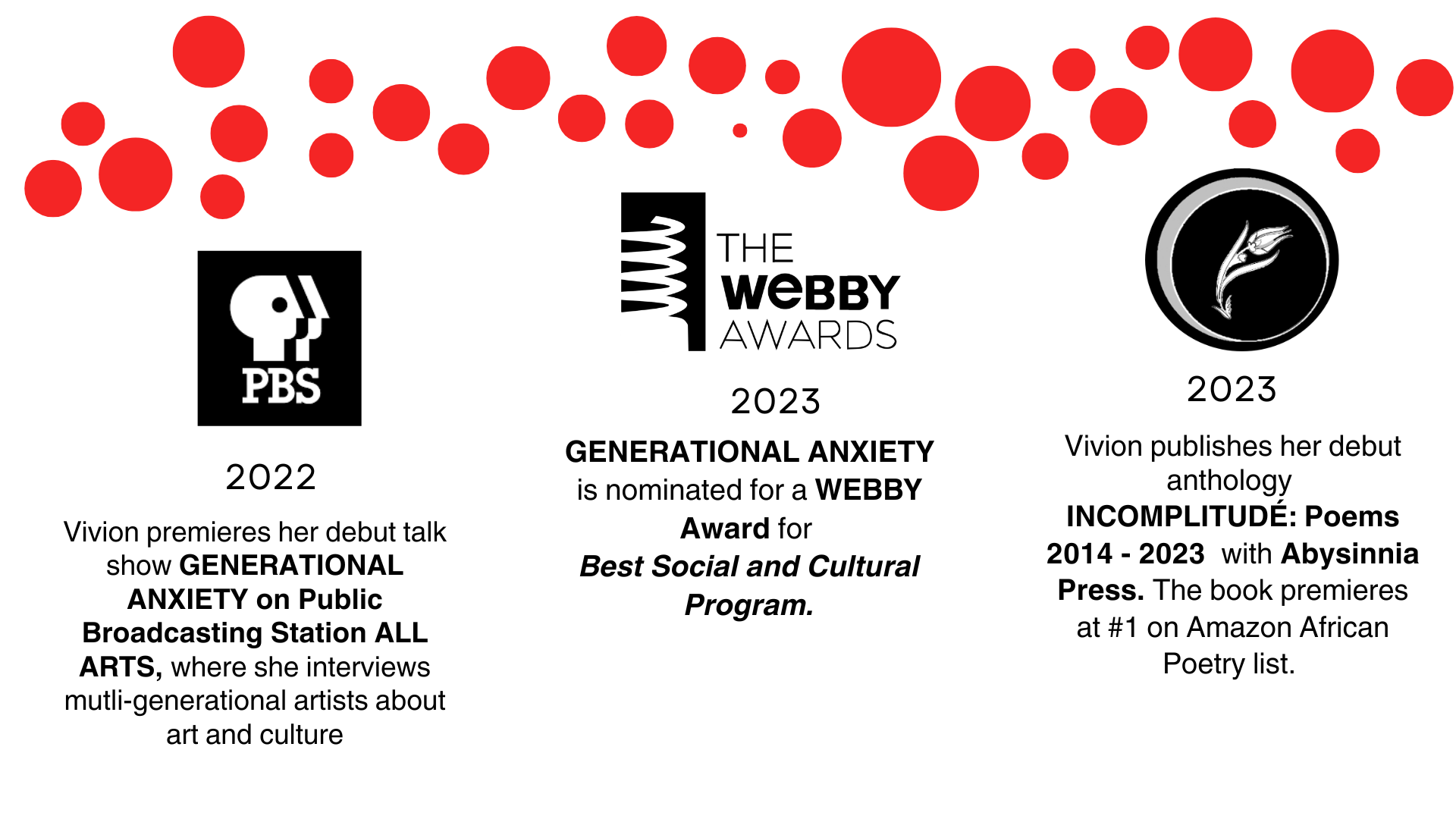 2023 Webby Awards nominee for Generation Anxiety, a PBS documentary, shown with the PBS logo and red dots at the top, and a black and white logo with a stylized flower at the right, and text describing the award nominations and publications for Vivion from 2022 and 2023.