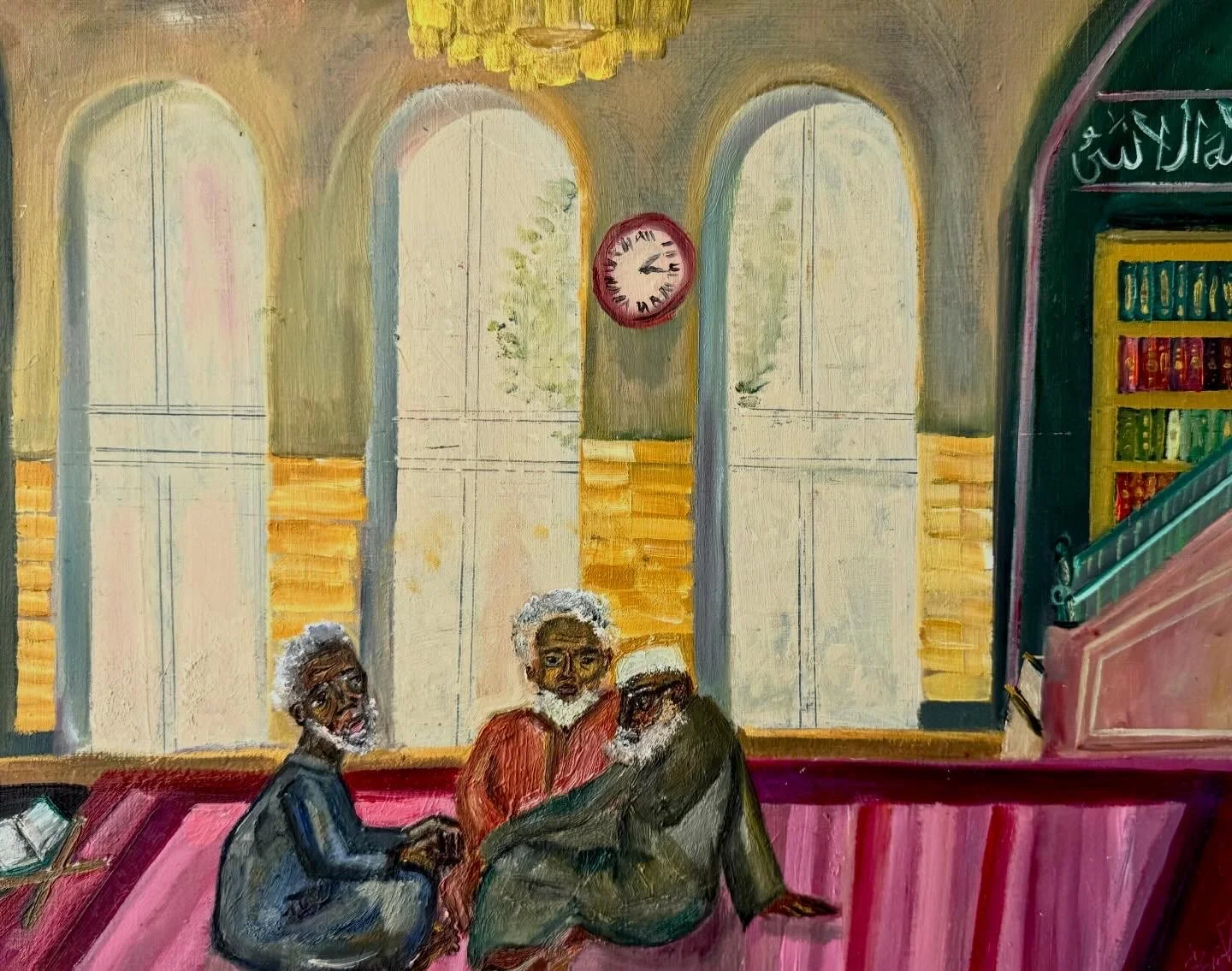 Painting of three elderly men with gray hair and beards sitting together inside a room, with large arched windows in the background and a pink table in the foreground.