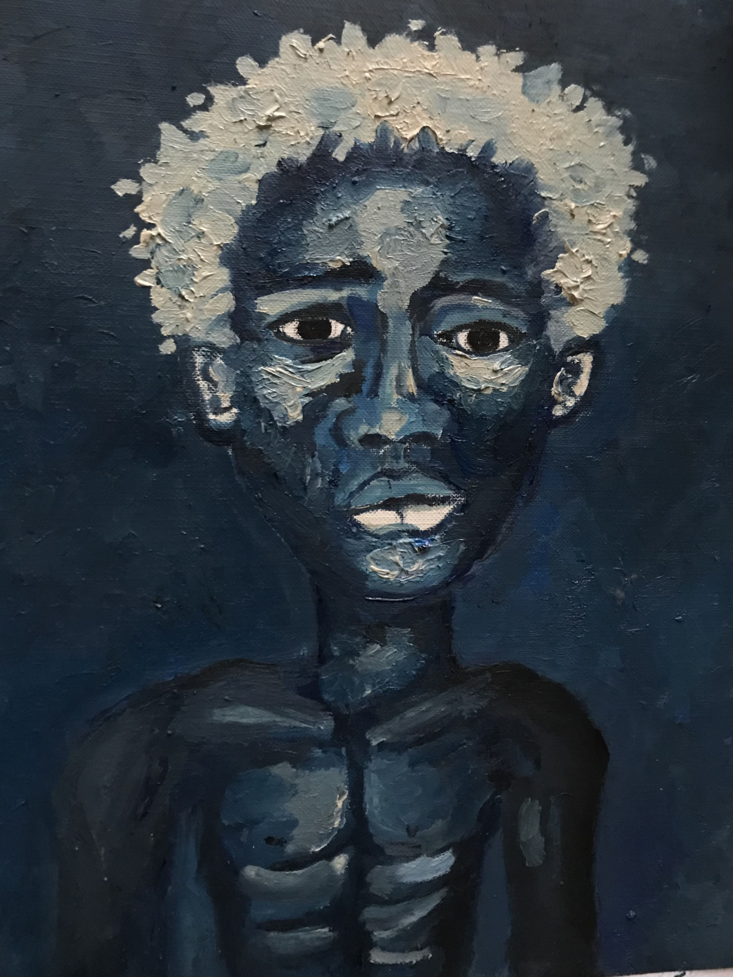 An abstract painting of a woman's face with large dark eyes, a solemn expression, and a halo of white textured paint around her head, set against a dark blue background.