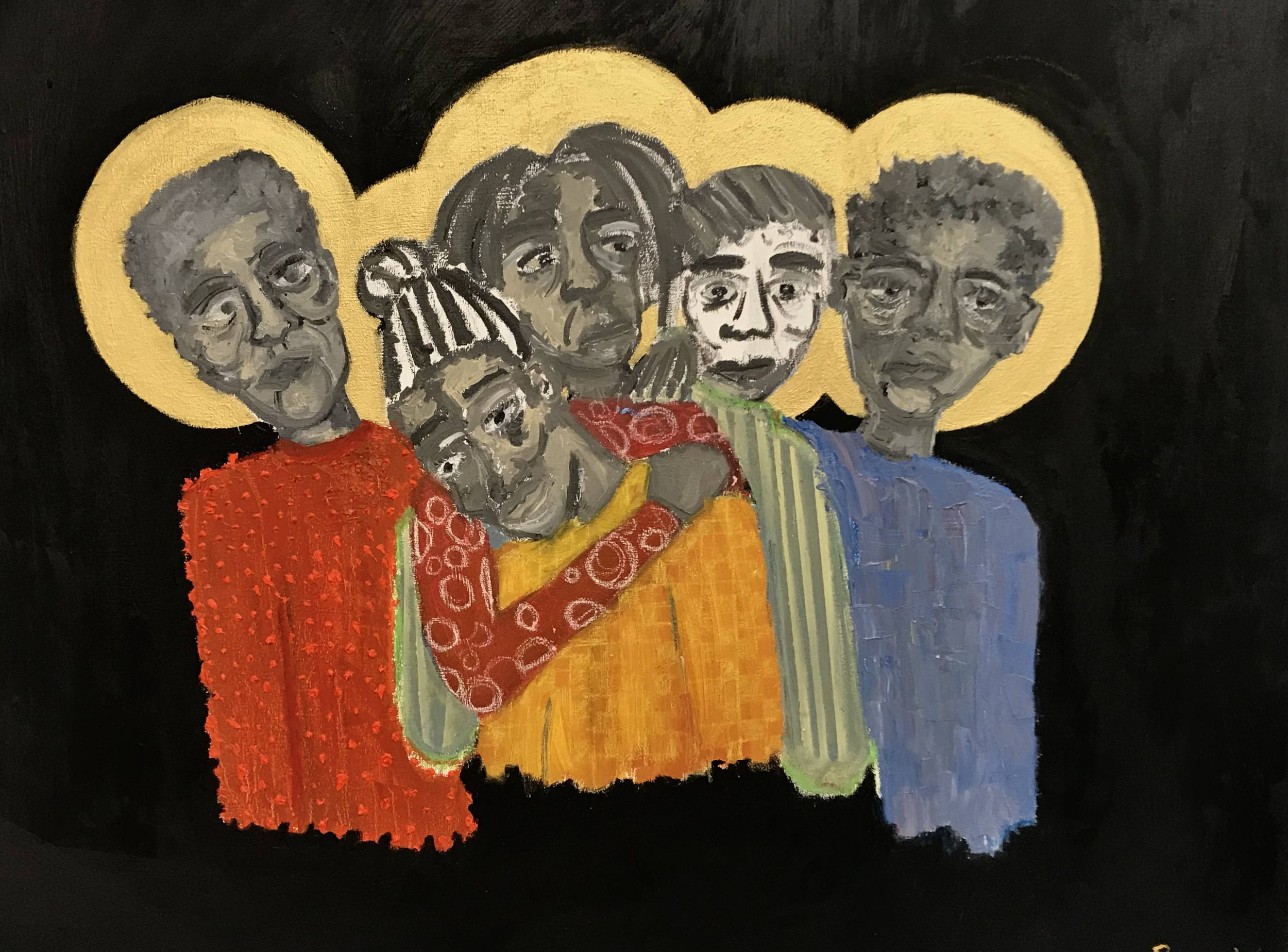A painting of five abstract female faces with different hairstyles and outfits, against a yellow oval background on a black canvas.